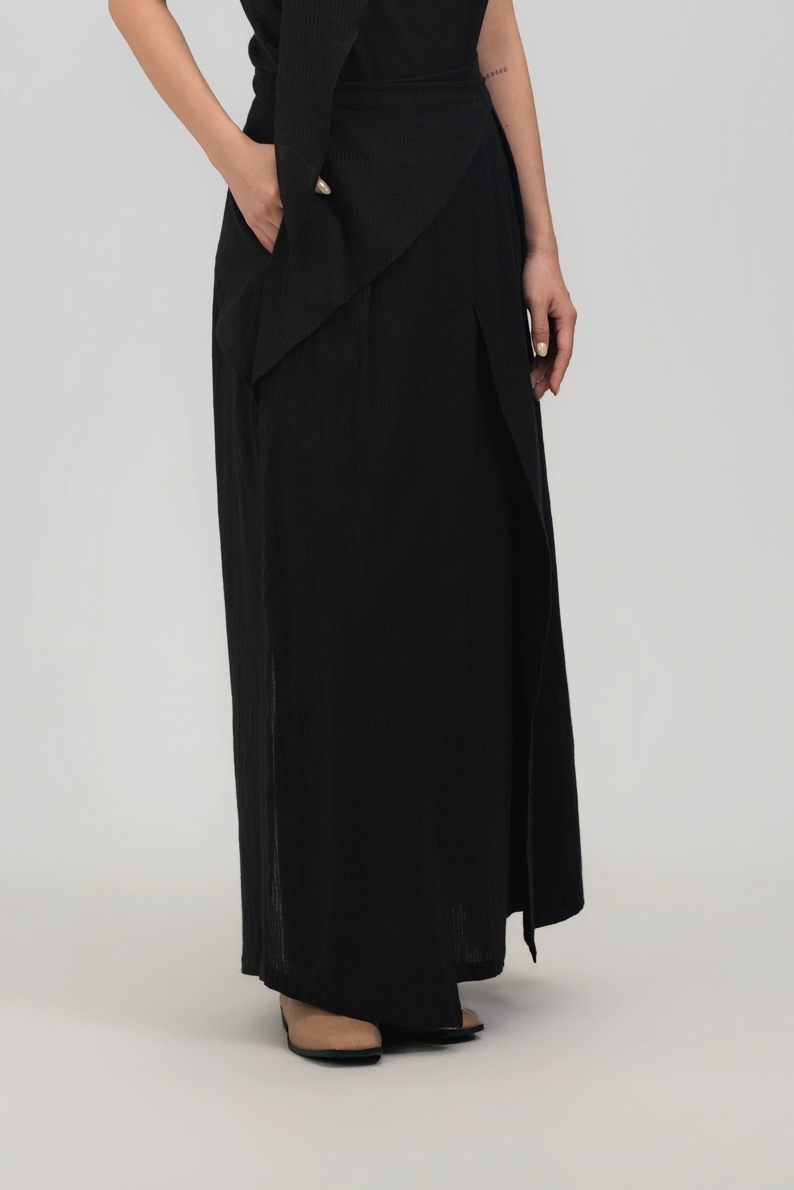 Waist Bandeu Layering Pleated Skirt - Plus Long (Black Grid)