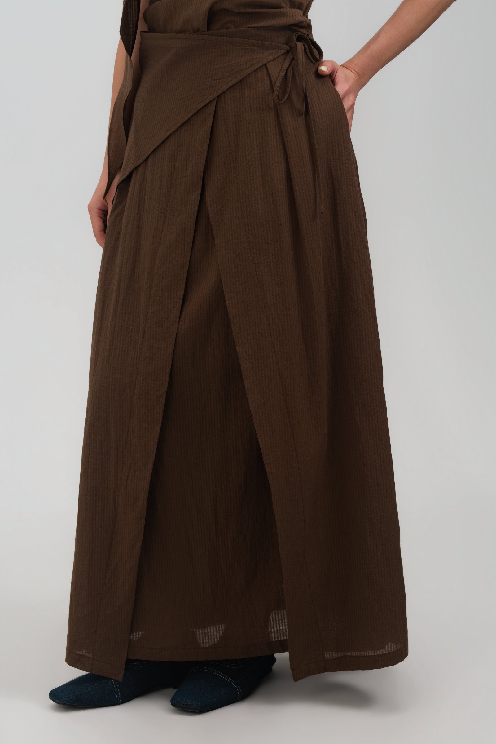 Waist Bandeu Layering Pleated Skirt - Plus Long (Brown Grid)