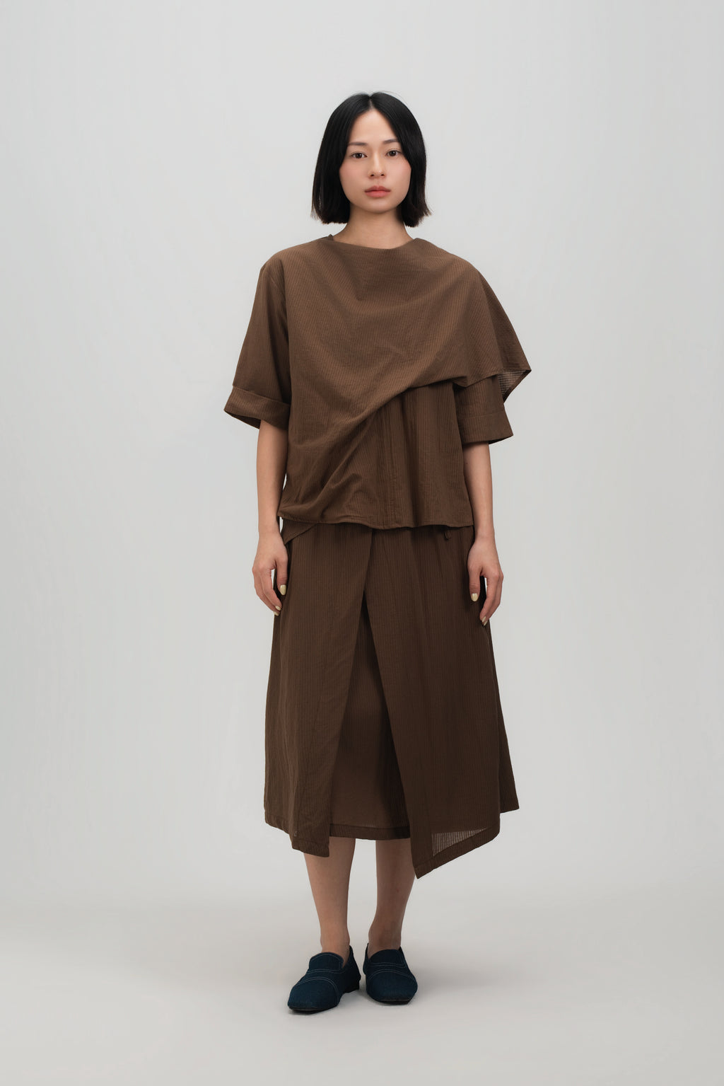 Neck-Scarf Half Sleeve Blouse (Brown Grid)