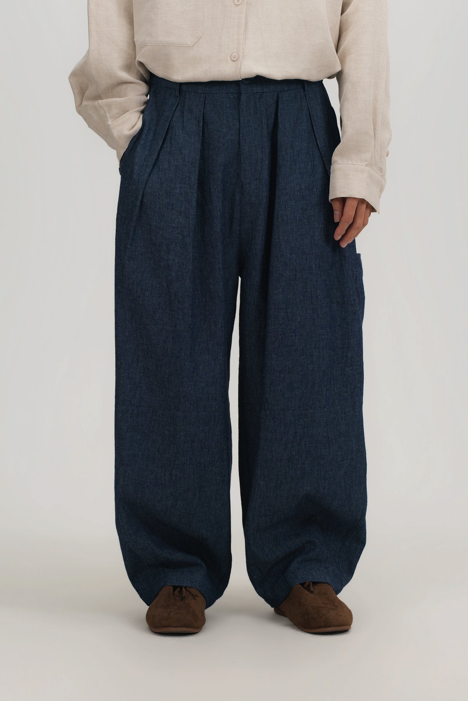 Gender Neutral Cocoon Trousers (Linen Denim / Blue)