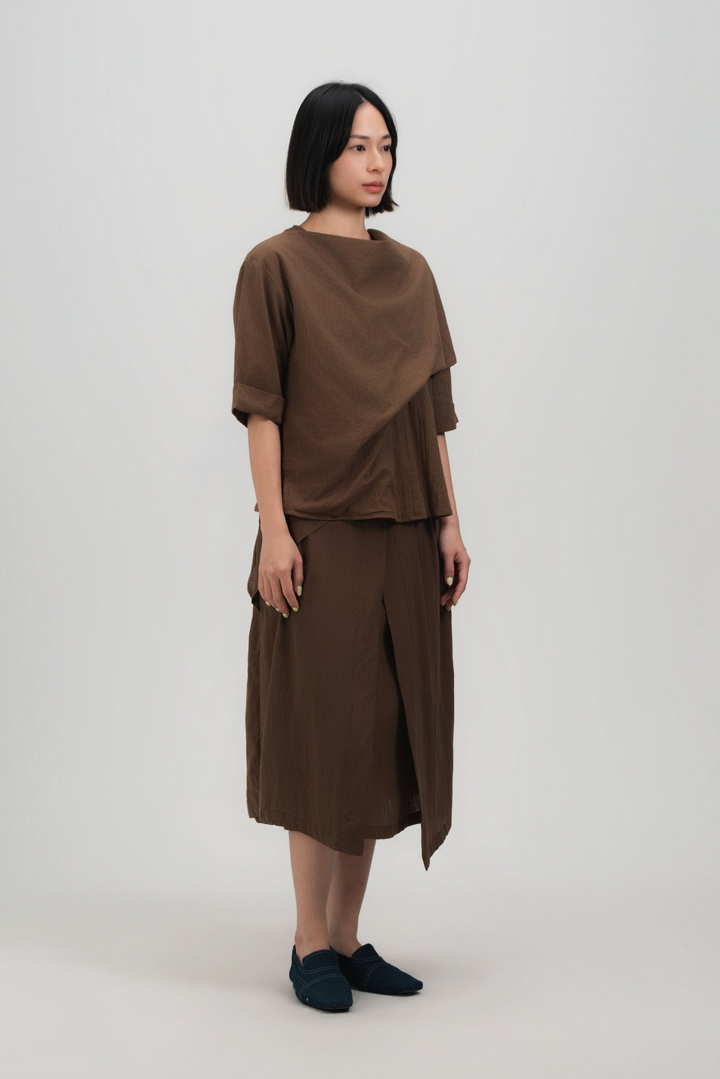 Neck-Scarf Half Sleeve Blouse (Brown Grid)