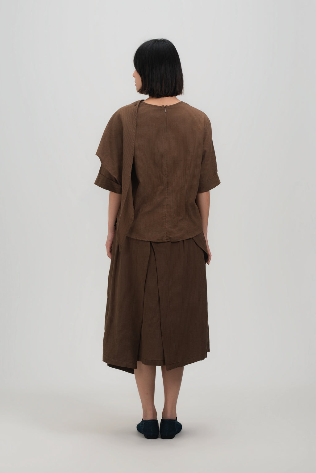 Neck-Scarf Half Sleeve Blouse (Brown Grid)