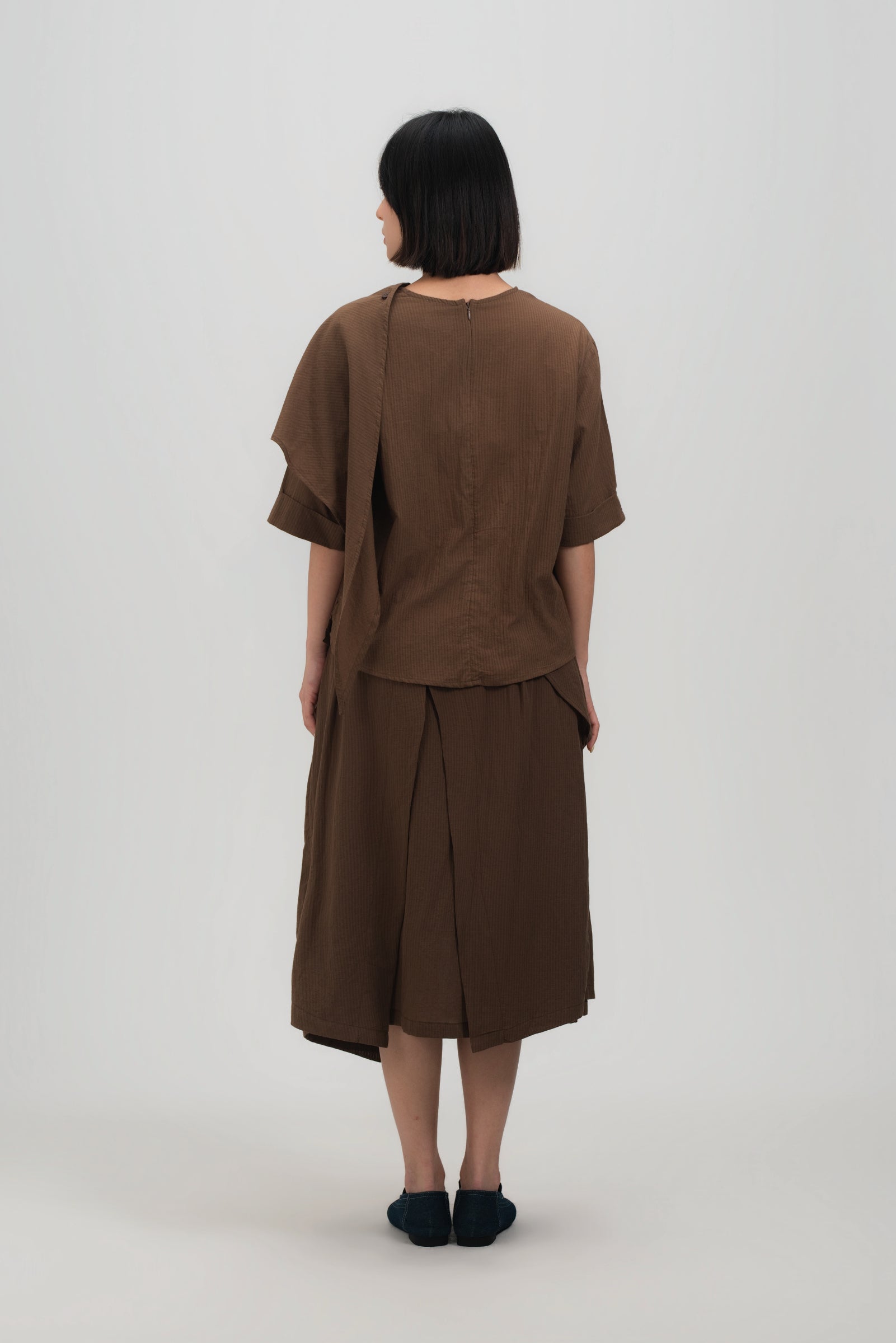 Neck-Scarf Half Sleeve Blouse (Brown Grid)