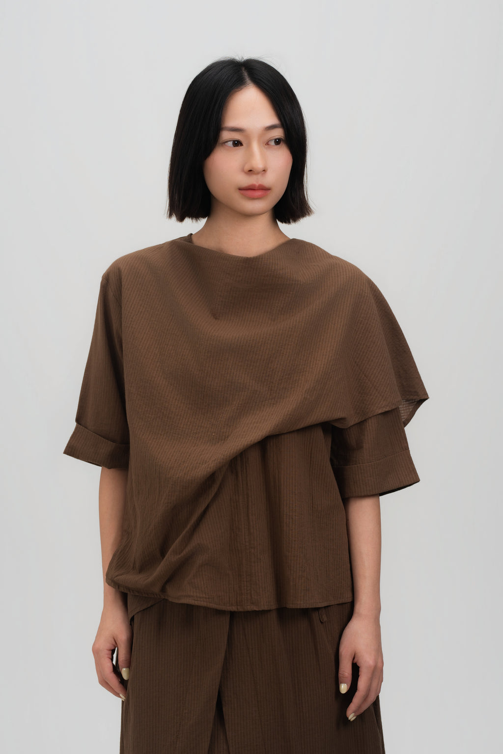 Neck-Scarf Half Sleeve Blouse (Brown Grid)