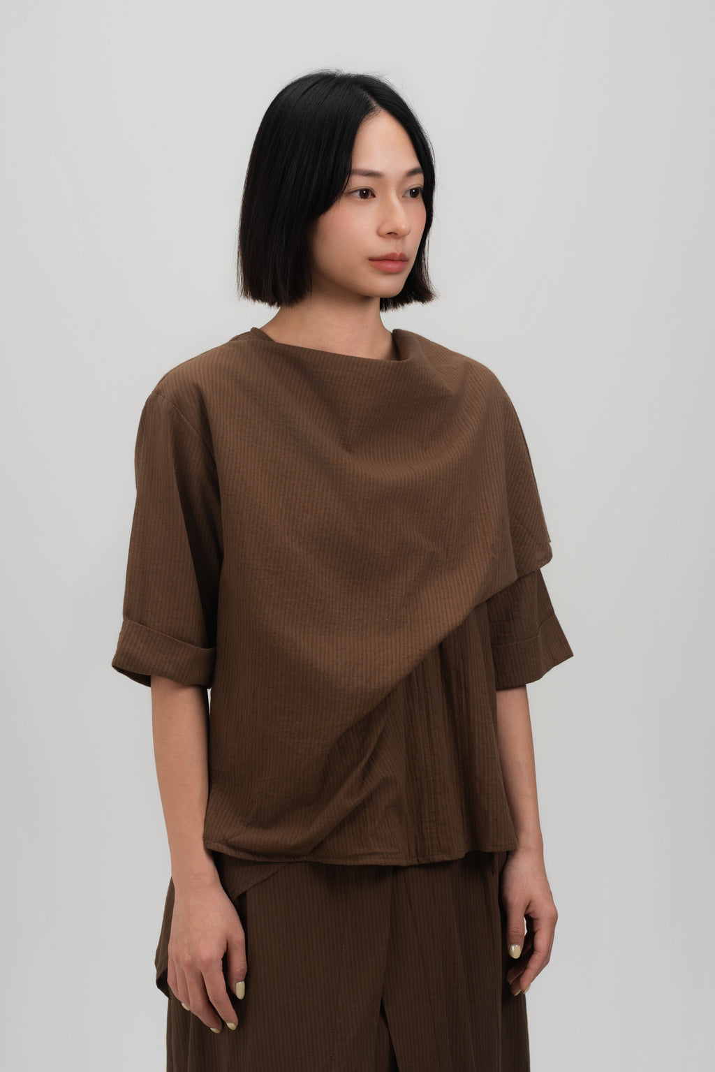 Neck-Scarf Half Sleeve Blouse (Brown Grid)