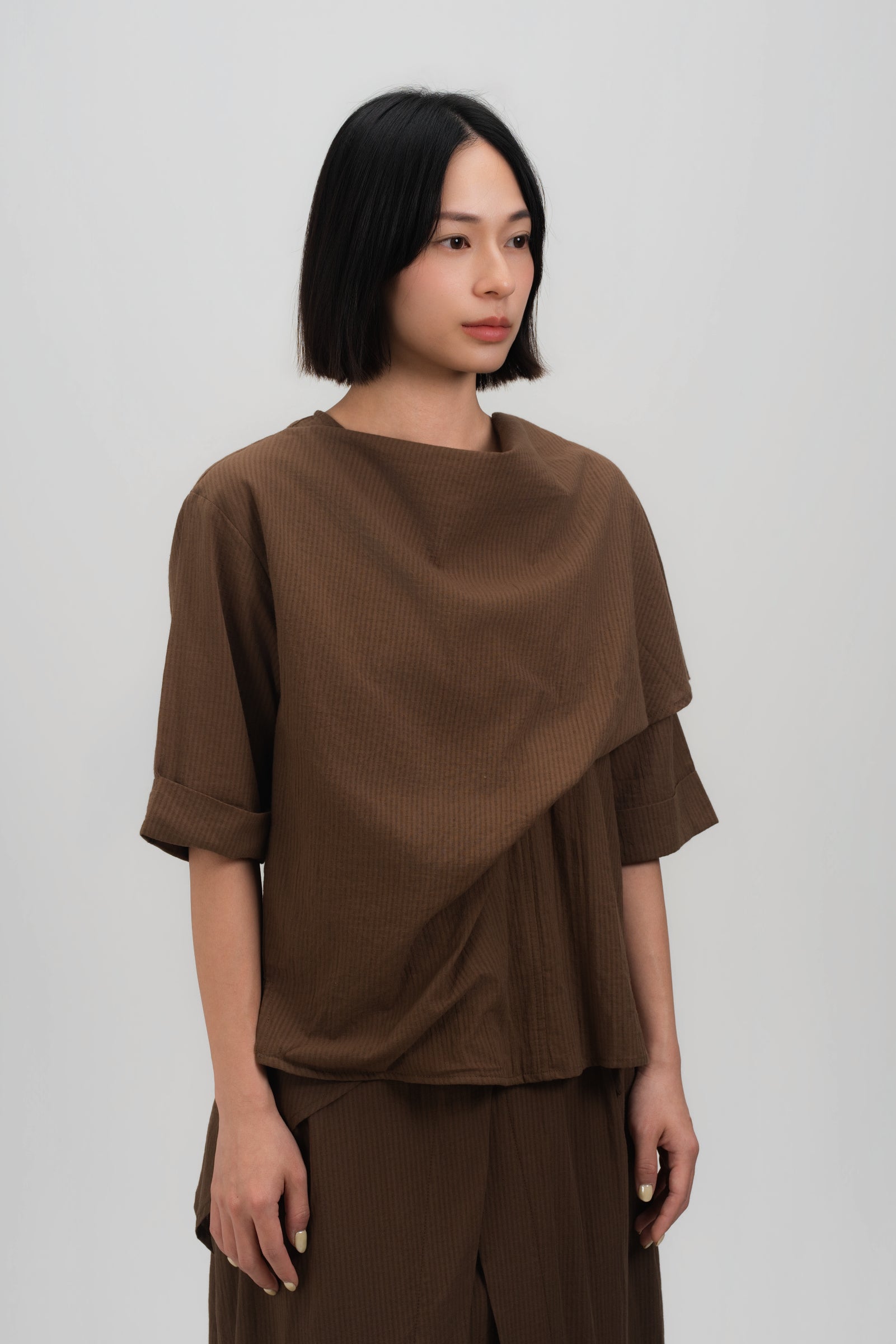 Neck-Scarf Half Sleeve Blouse (Brown Grid)