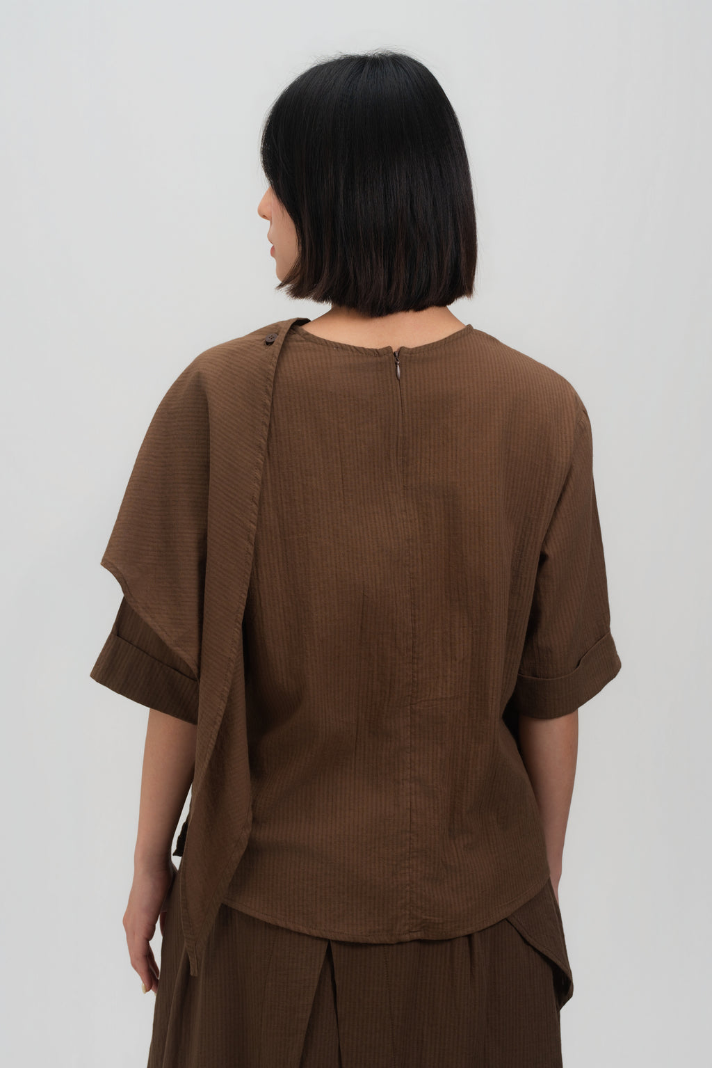 Neck-Scarf Half Sleeve Blouse (Brown Grid)