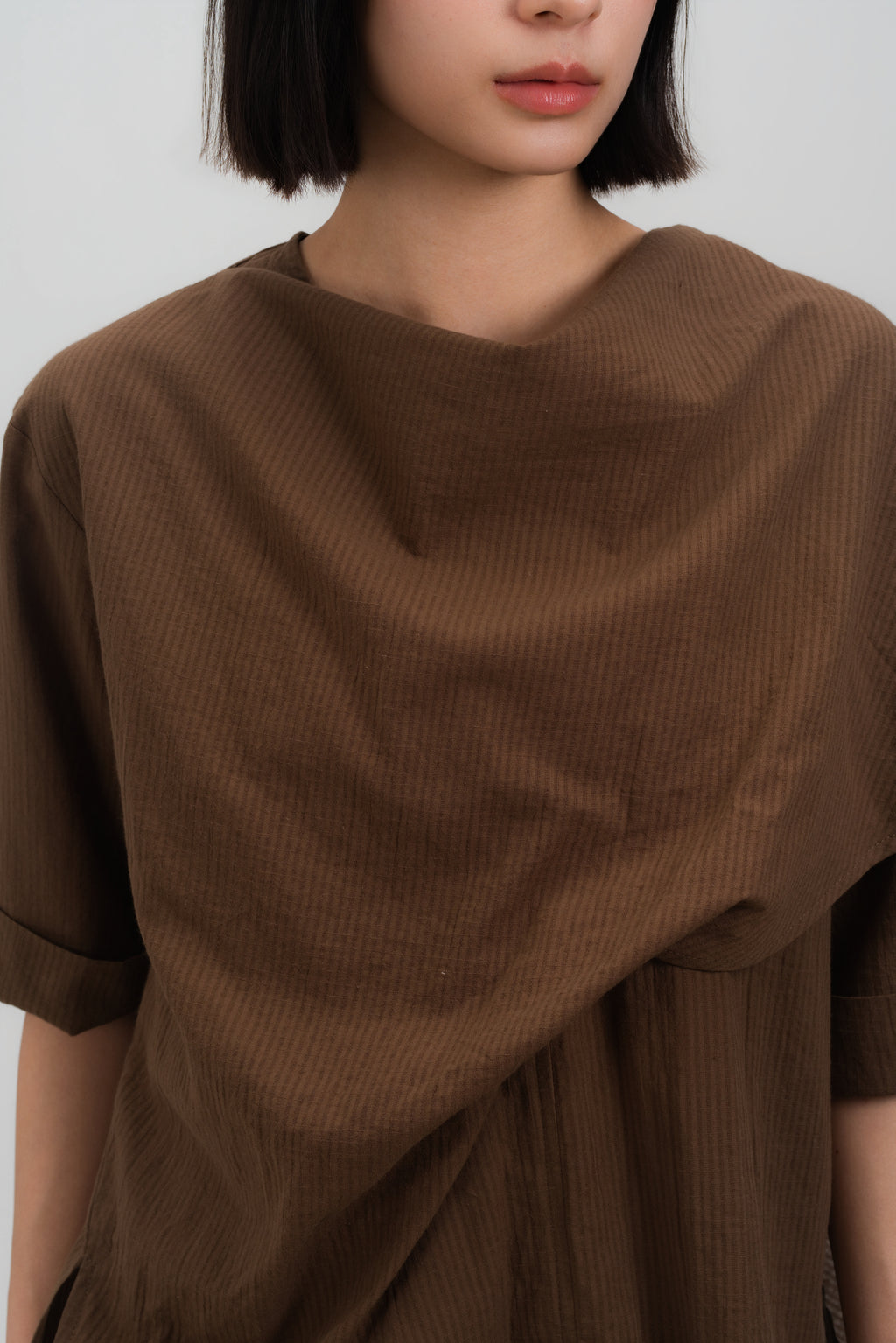 Neck-Scarf Half Sleeve Blouse (Brown Grid)