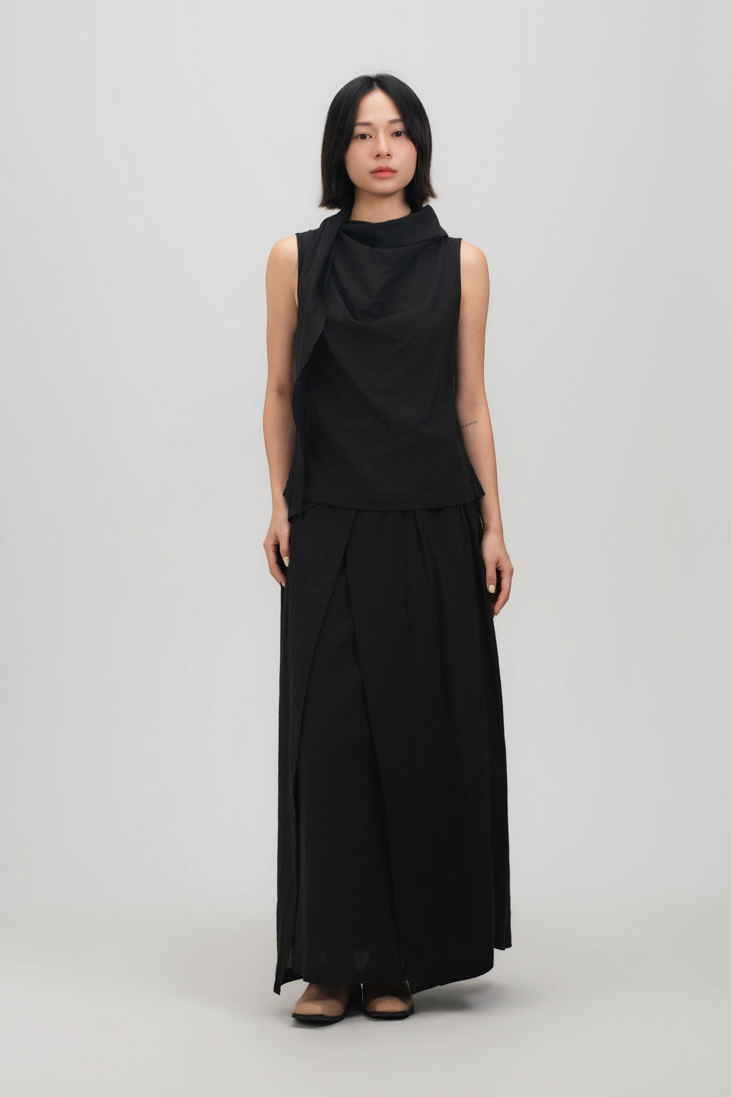 Waist Bandeu Layering Pleated Skirt - Plus Long (Black Grid)