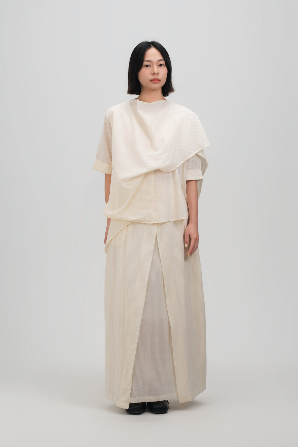 Waist Bandeu Layering Pleated Skirt - Plus Long (Off White Grid)