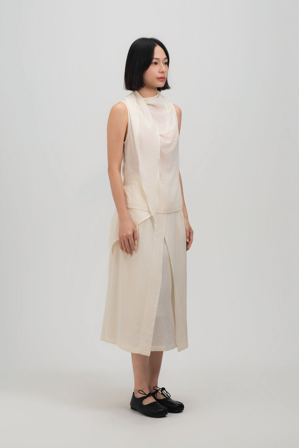 Waist Bandeu Layering Pleated Skirt - Midi (Off White Grid)