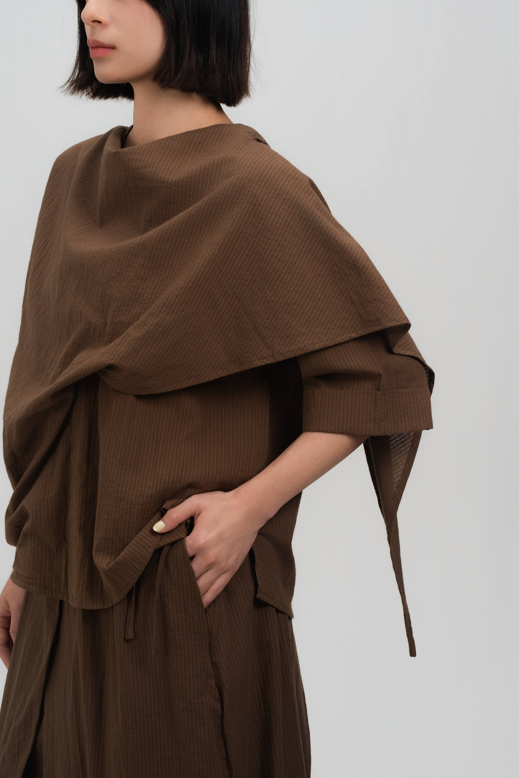 Neck-Scarf Half Sleeve Blouse (Brown Grid)