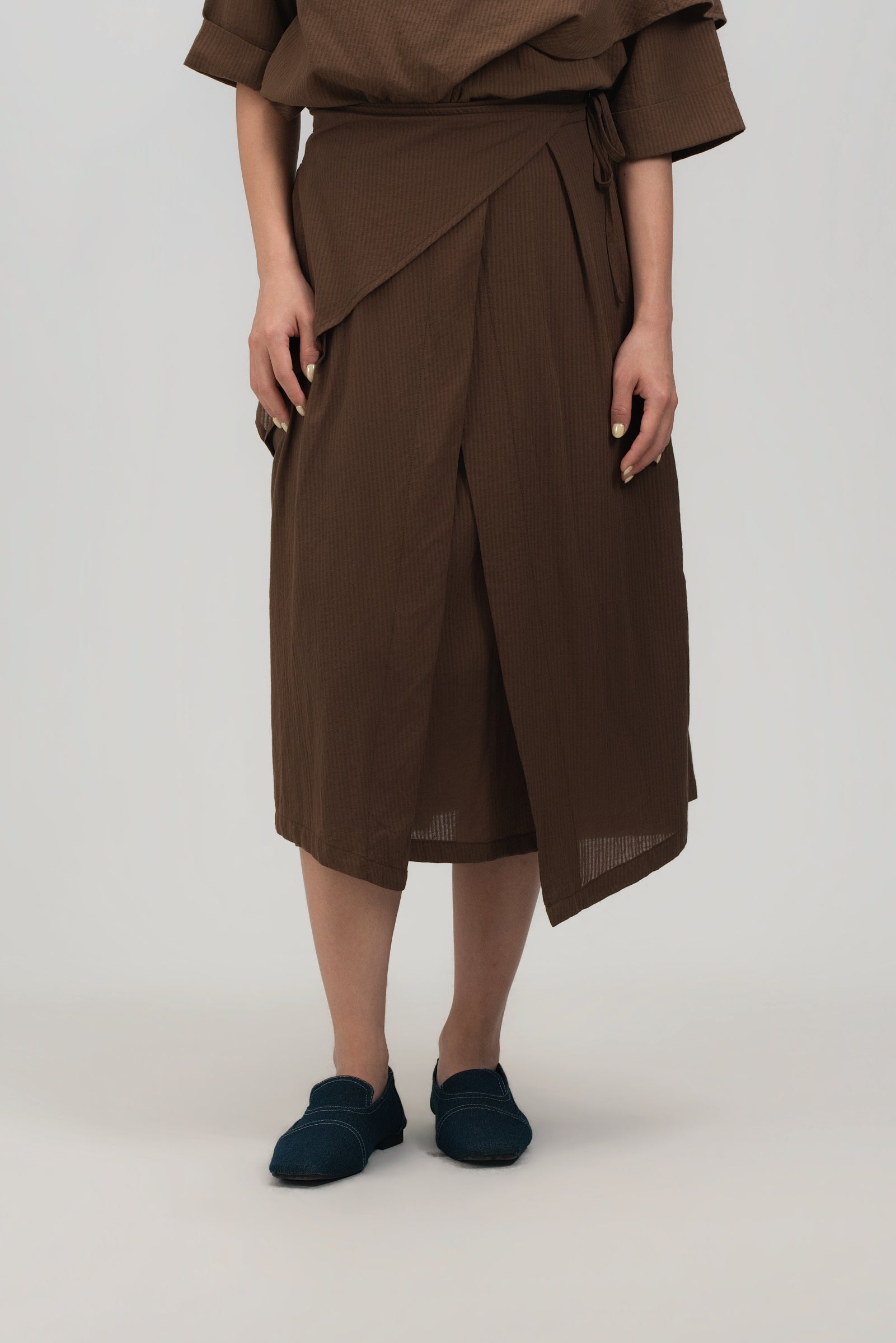 Waist Bandeu Layering Pleated Skirt - Midi (Brown Grid)