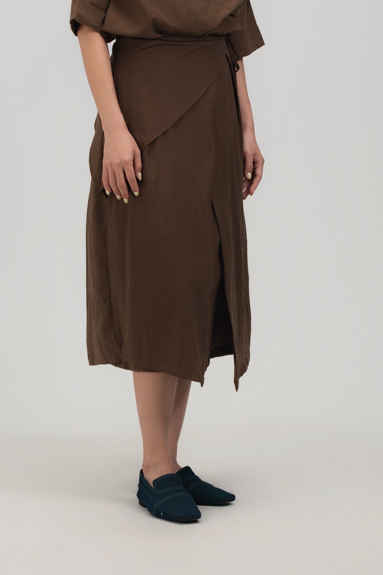 Waist Bandeu Layering Pleated Skirt - Midi (Brown Grid)