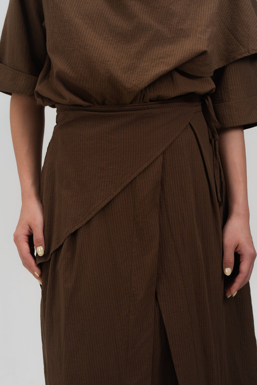 Waist Bandeu Layering Pleated Skirt - Midi (Brown Grid)