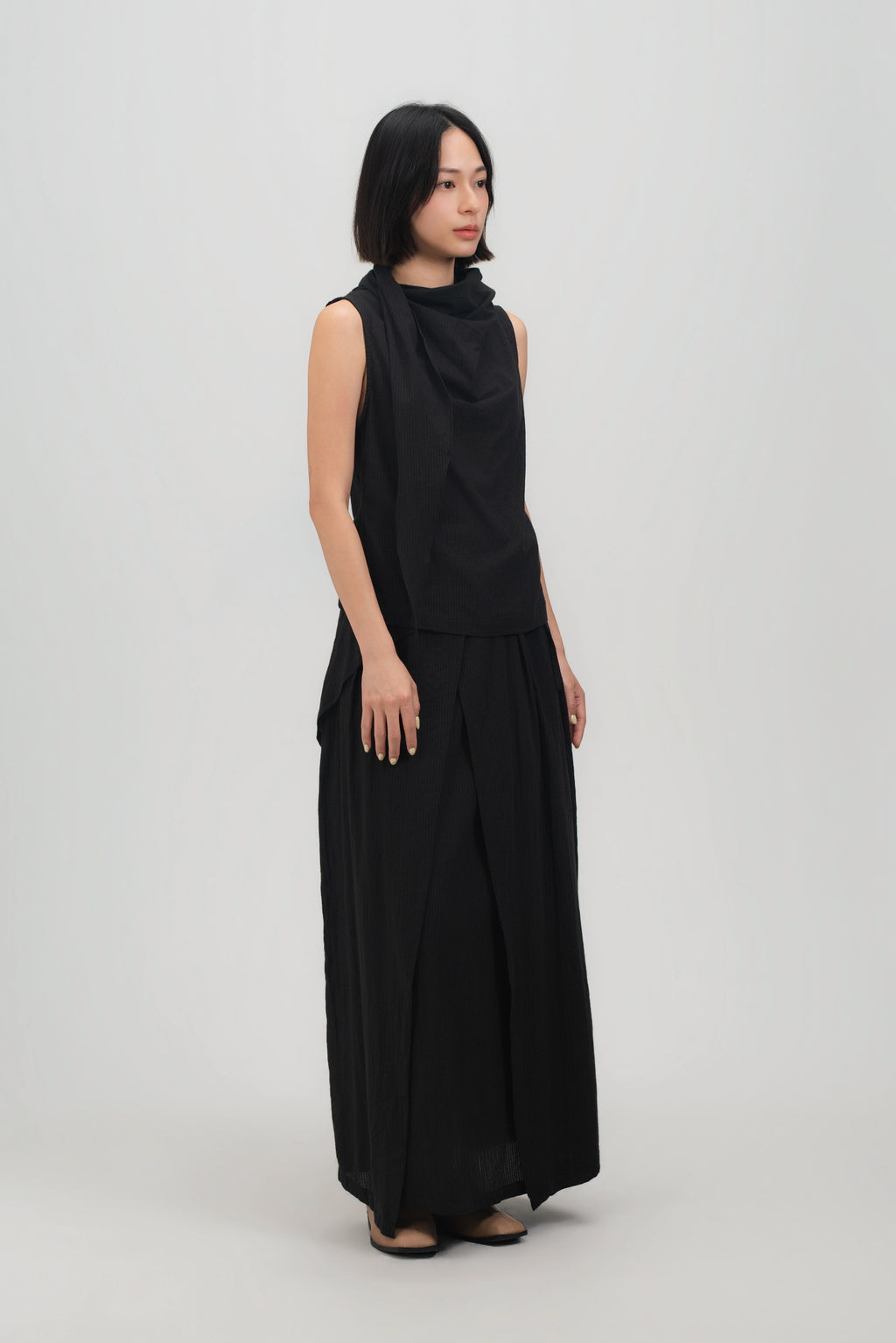 Waist Bandeu Layering Pleated Skirt - Plus Long (Black Grid)