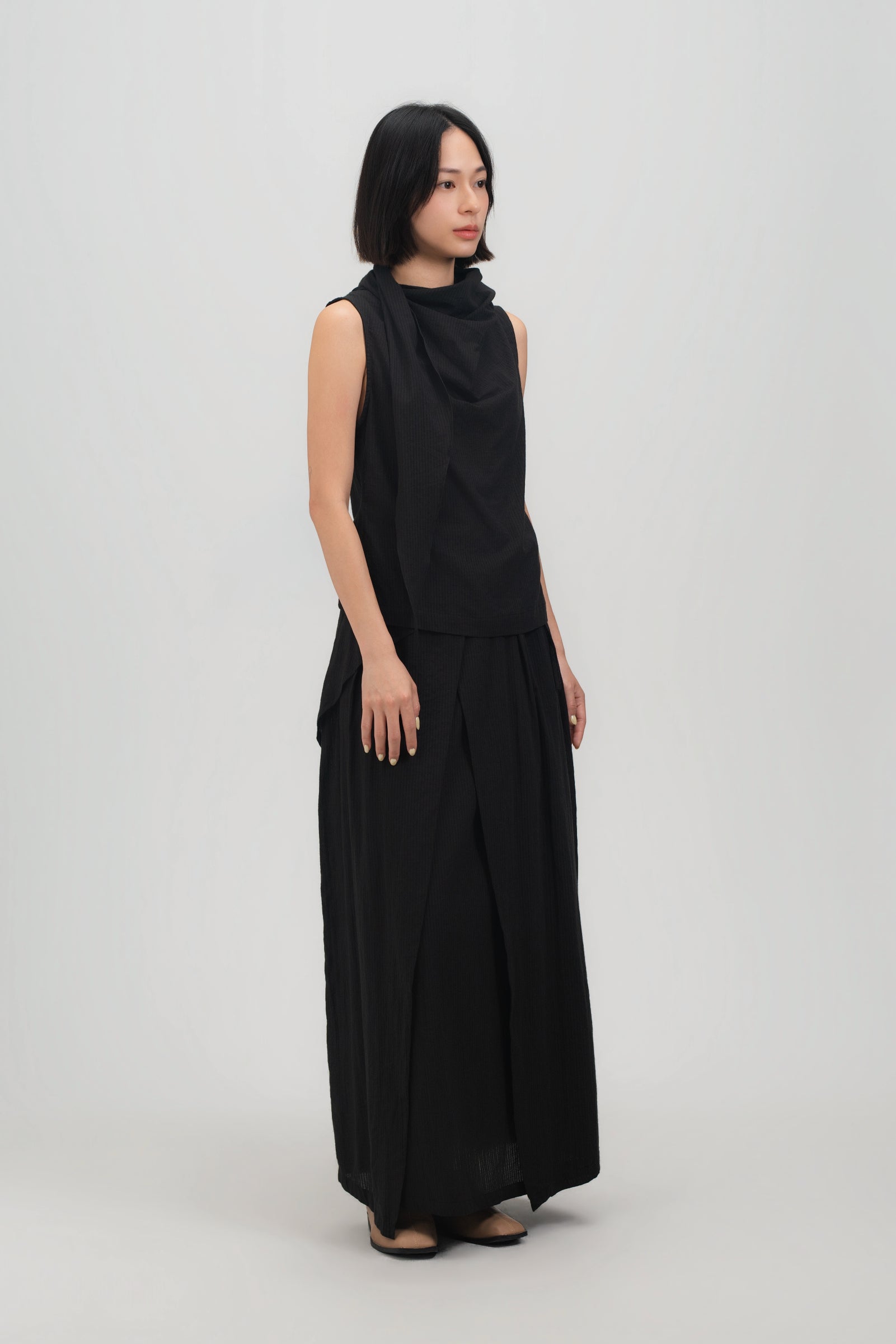 Waist Bandeu Layering Pleated Skirt - Plus Long (Black Grid)