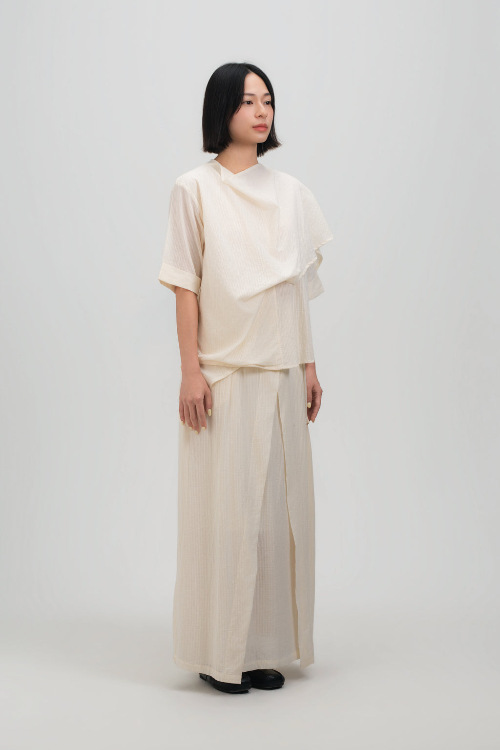 Waist Bandeu Layering Pleated Skirt - Plus Long (Off White Grid)