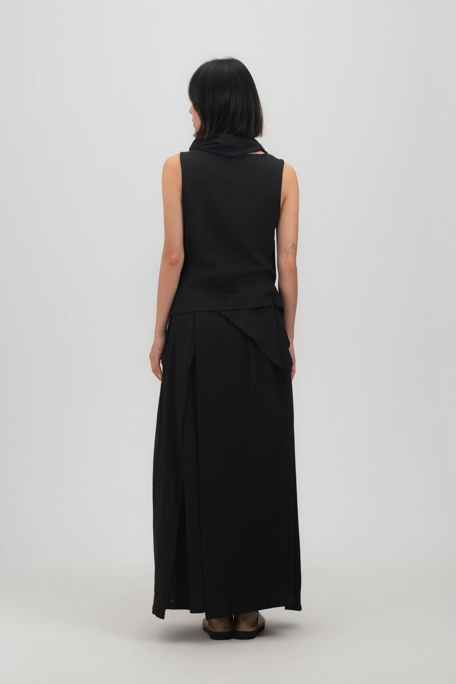Waist Bandeu Layering Pleated Skirt - Plus Long (Black Grid)