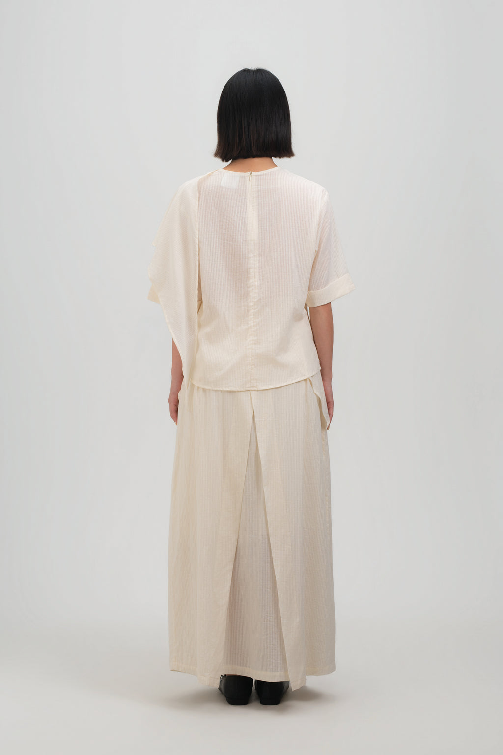 Waist Bandeu Layering Pleated Skirt - Plus Long (Off White Grid)