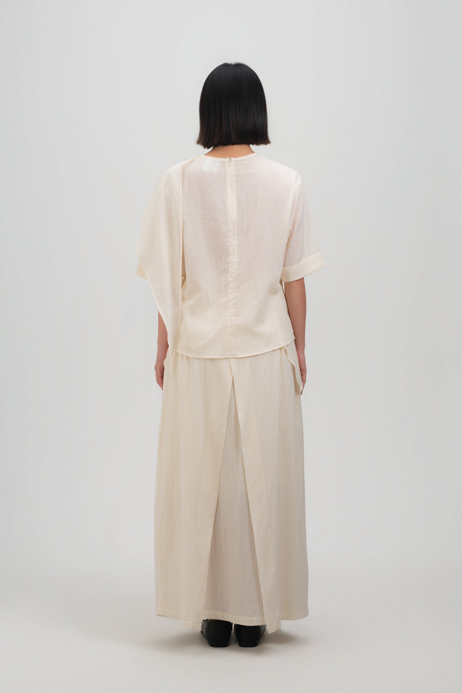 Waist Bandeu Layering Pleated Skirt - Plus Long (Off White Grid)