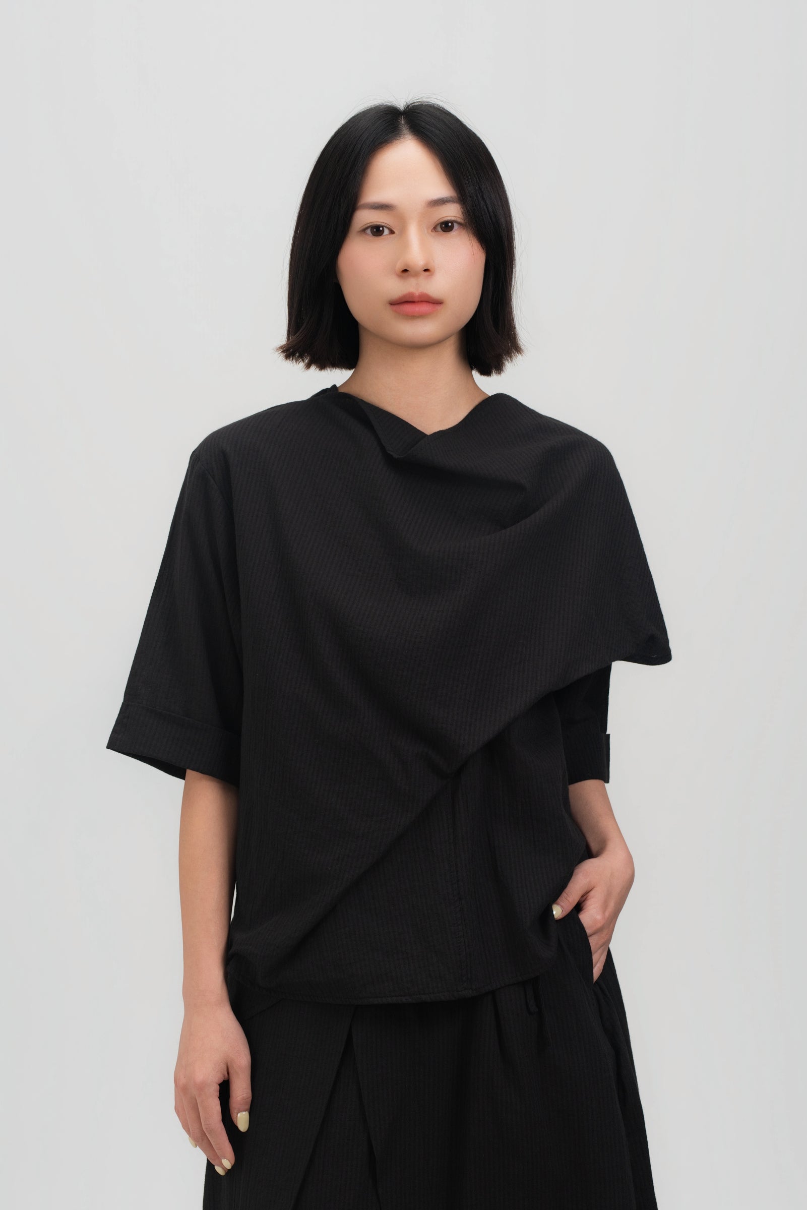 Neck-Scarf Half Sleeve Blouse (Black Grid)