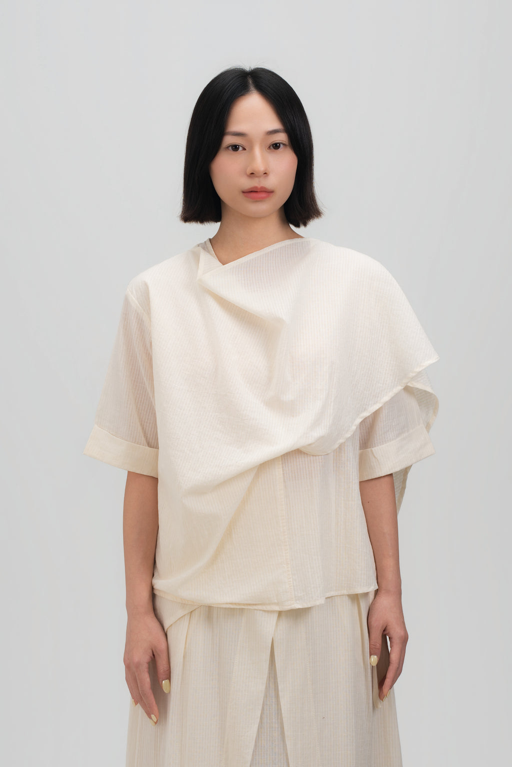 Neck-Scarf Half Sleeve Blouse (Off White Grid)