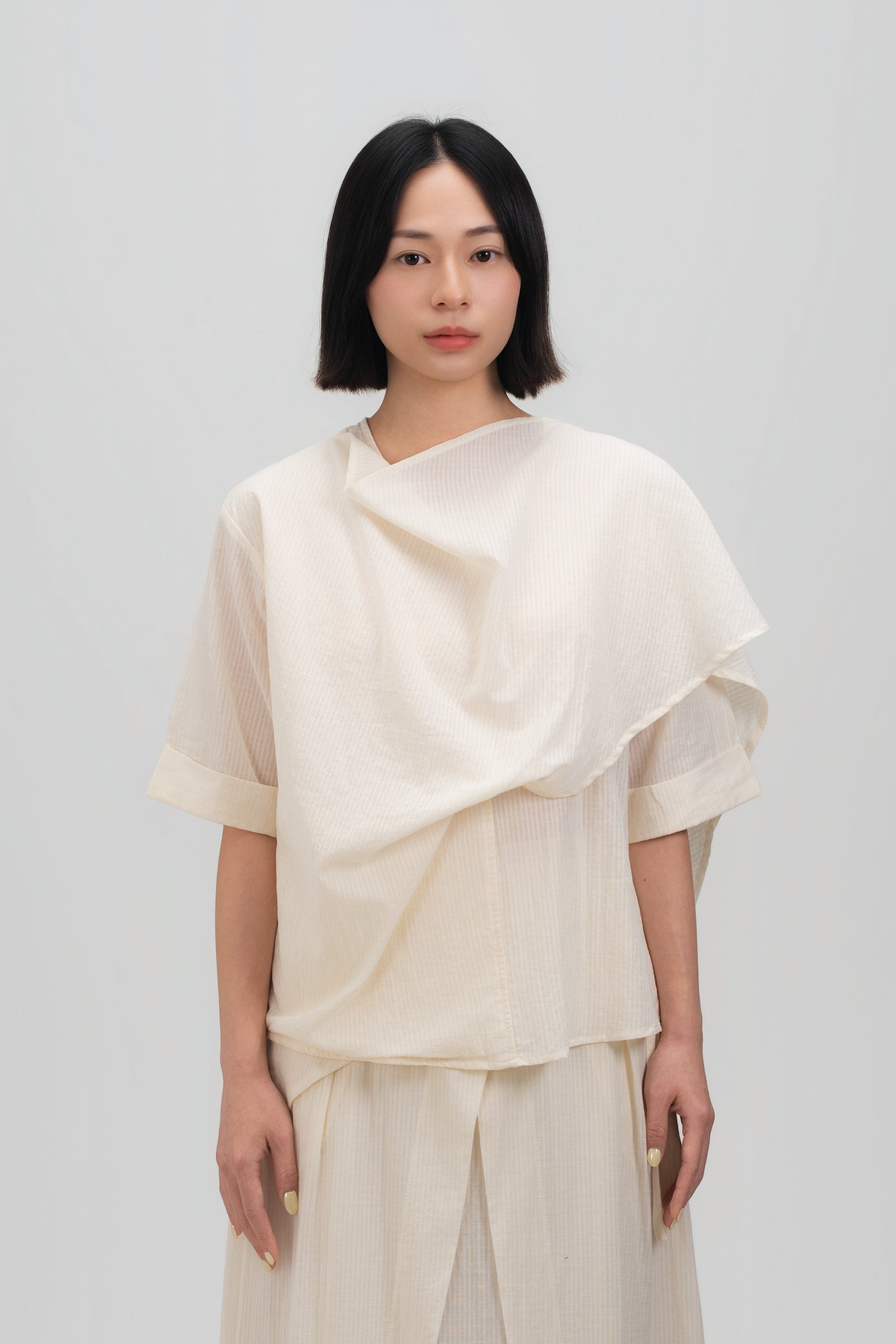 Neck-Scarf Half Sleeve Blouse (Off White Grid)