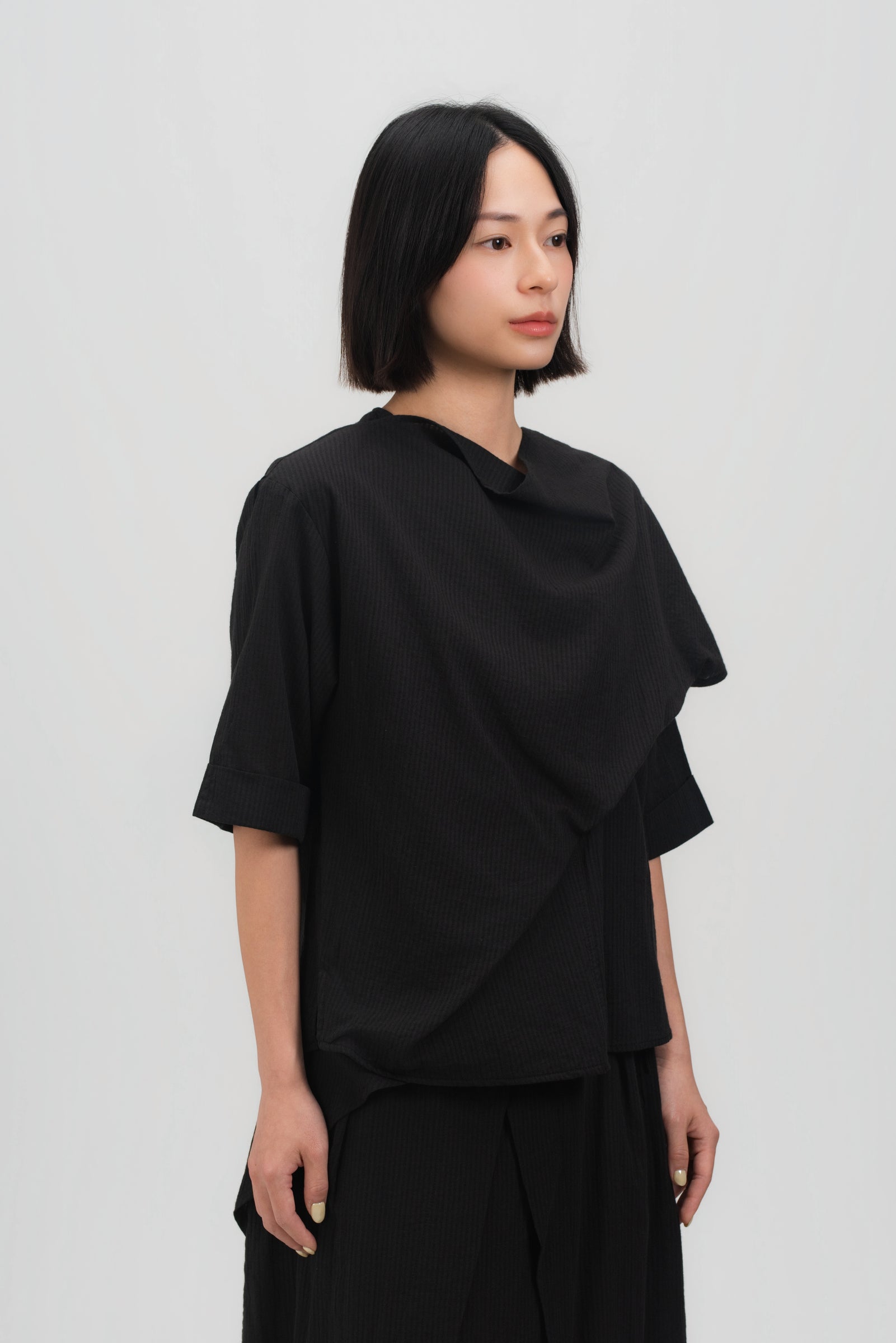 Neck-Scarf Half Sleeve Blouse (Black Grid)