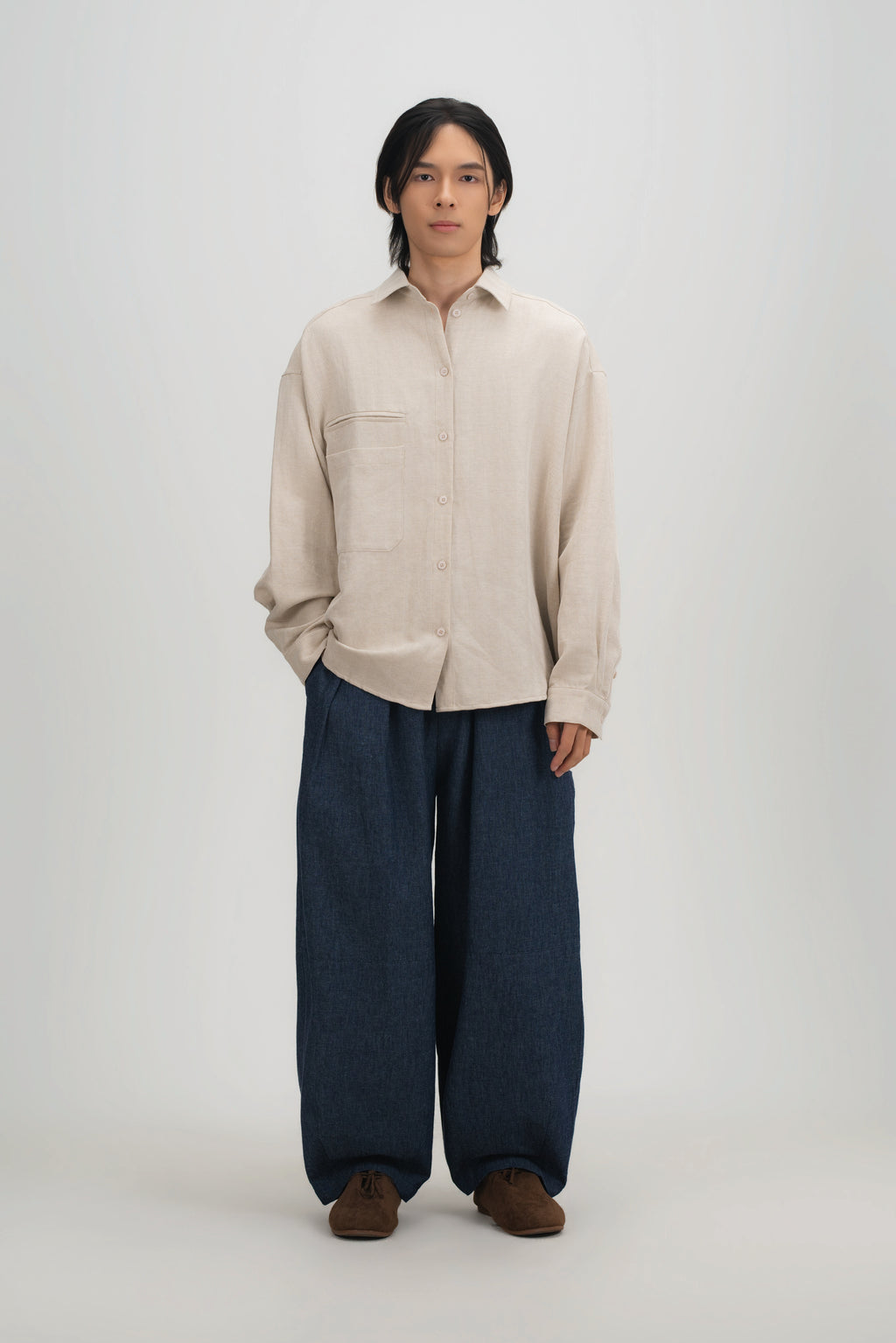Gender Neutral Cocoon Trousers (Linen Denim / Blue)