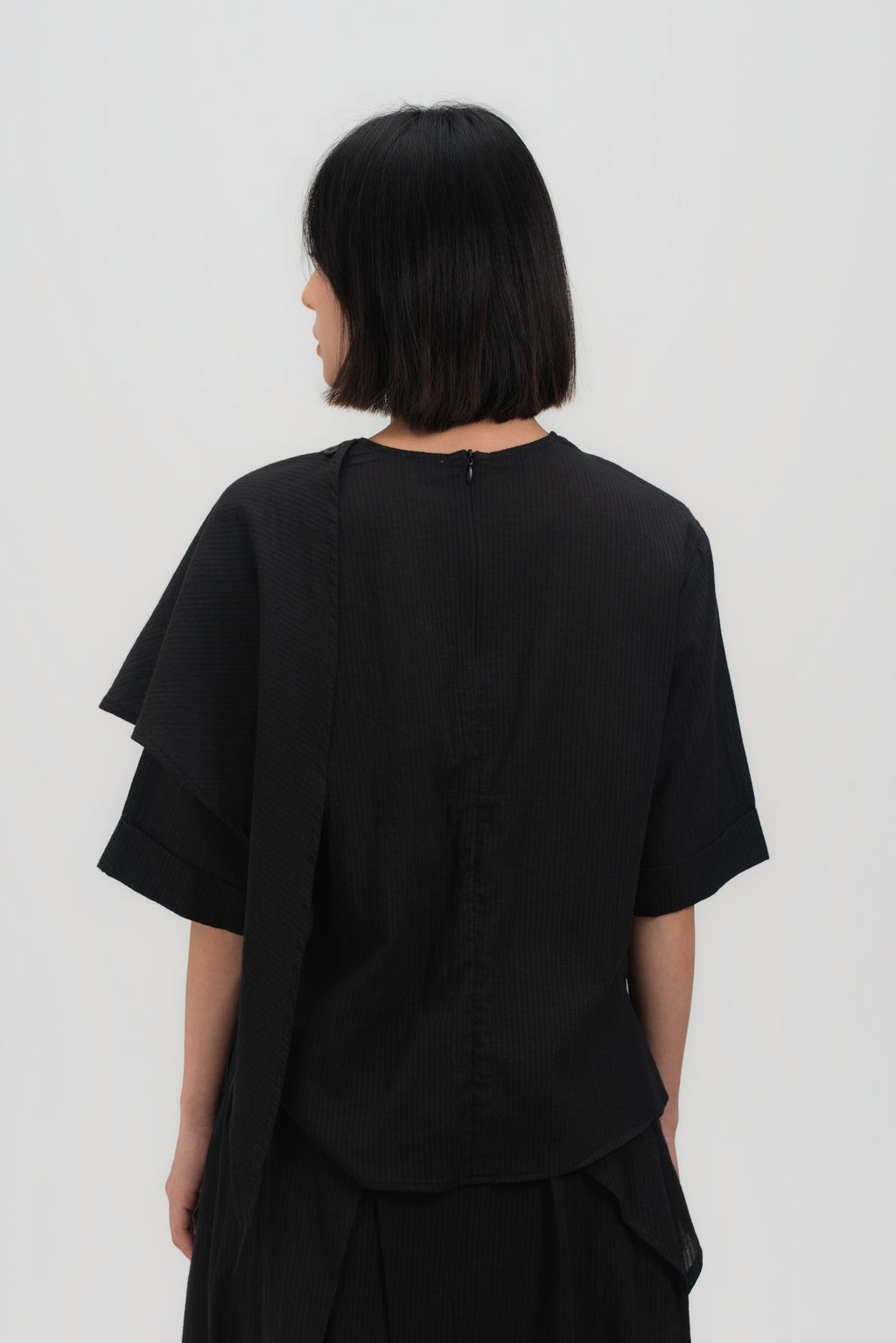 Neck-Scarf Half Sleeve Blouse (Black Grid)