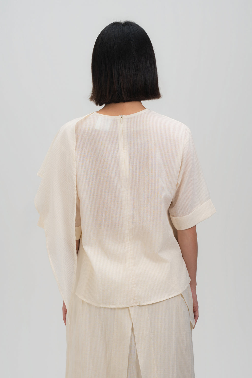 Neck-Scarf Half Sleeve Blouse (Off White Grid)