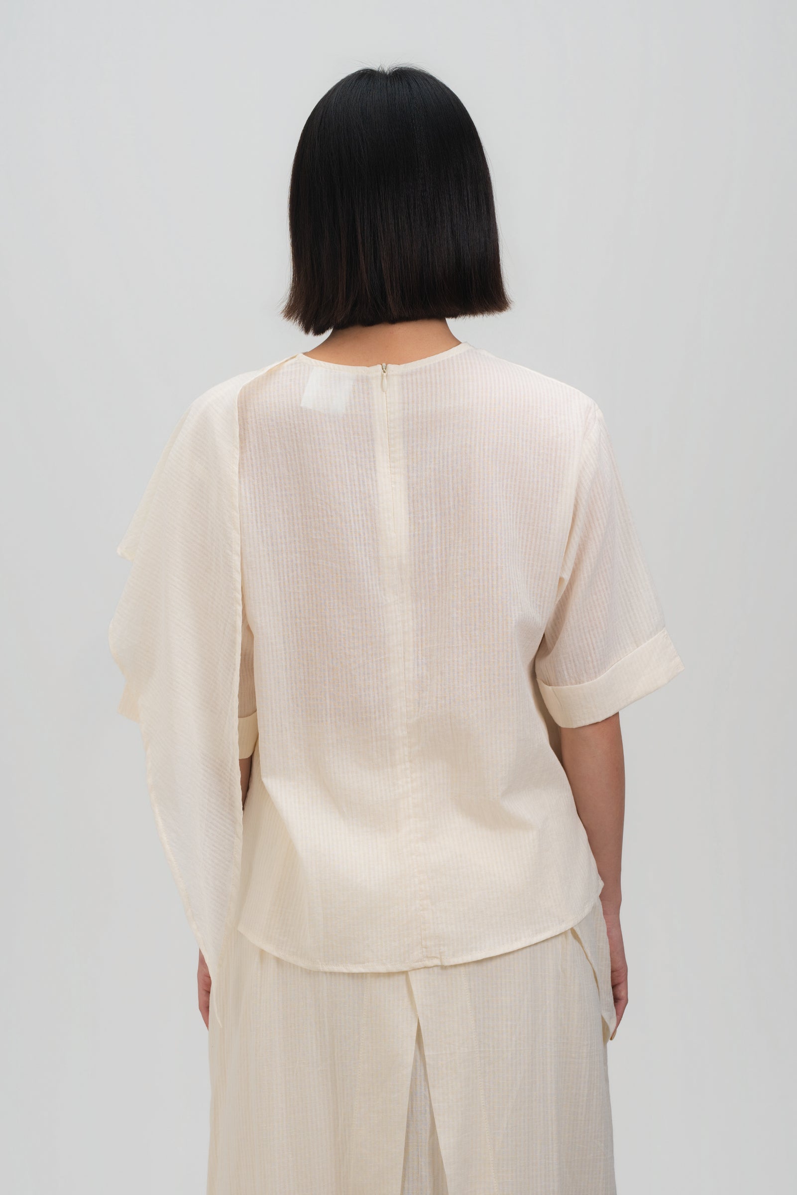 Neck-Scarf Half Sleeve Blouse (Off White Grid)