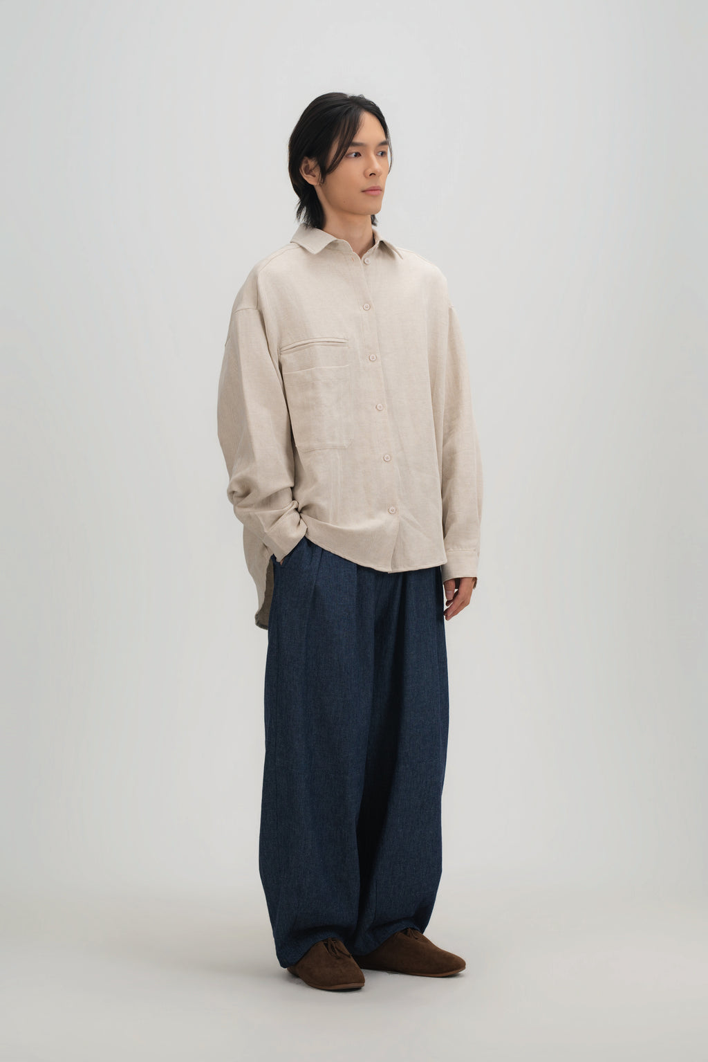 Gender Neutral Cocoon Trousers (Linen Denim / Blue)
