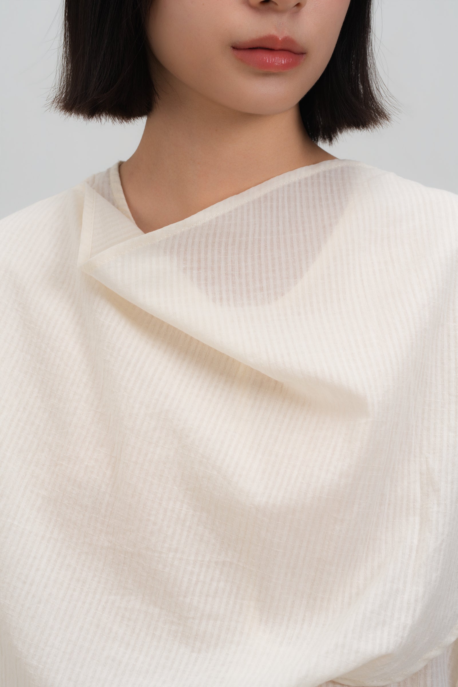 Neck-Scarf Half Sleeve Blouse (Off White Grid)