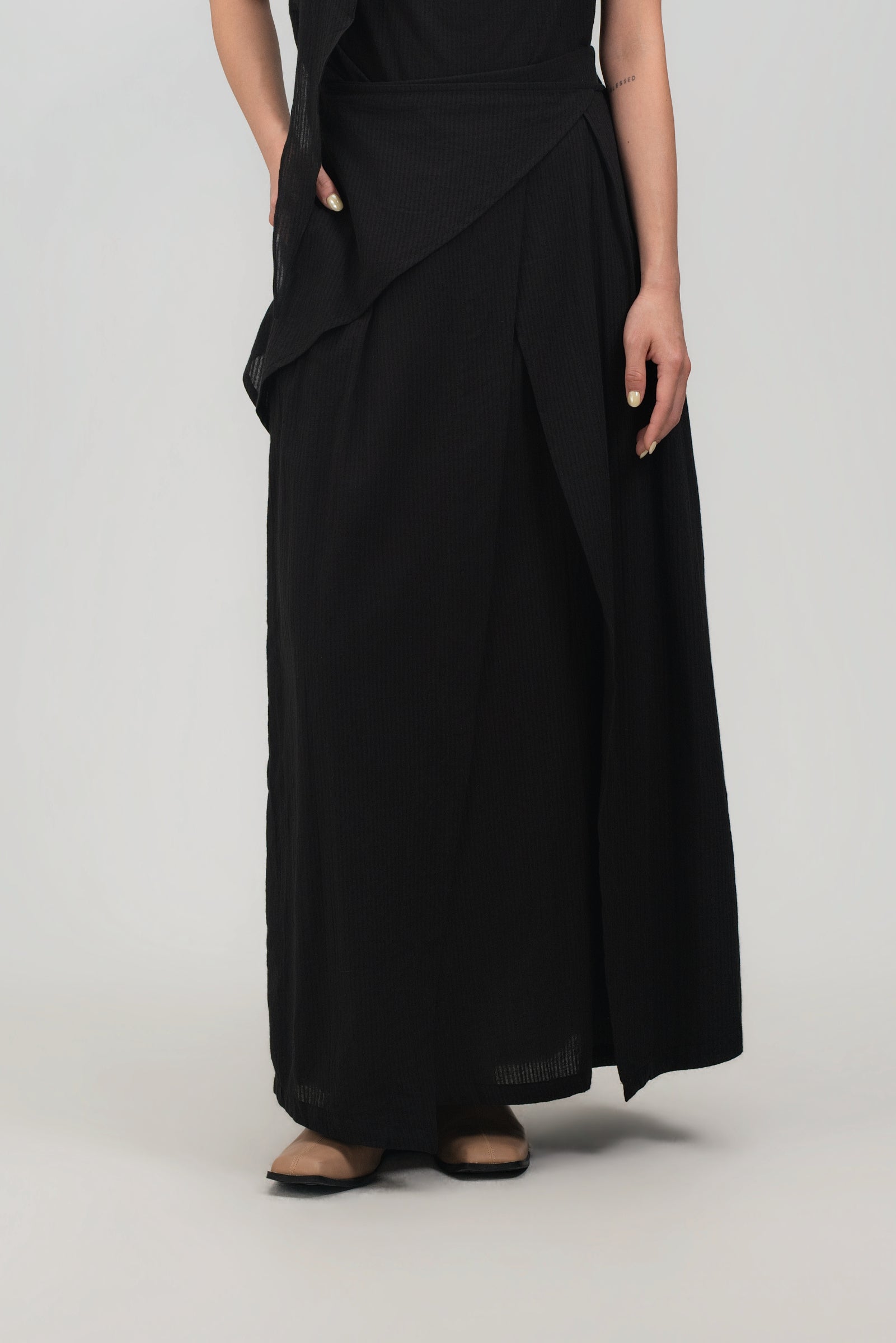 Waist Bandeu Layering Pleated Skirt - Plus Long (Black Grid)