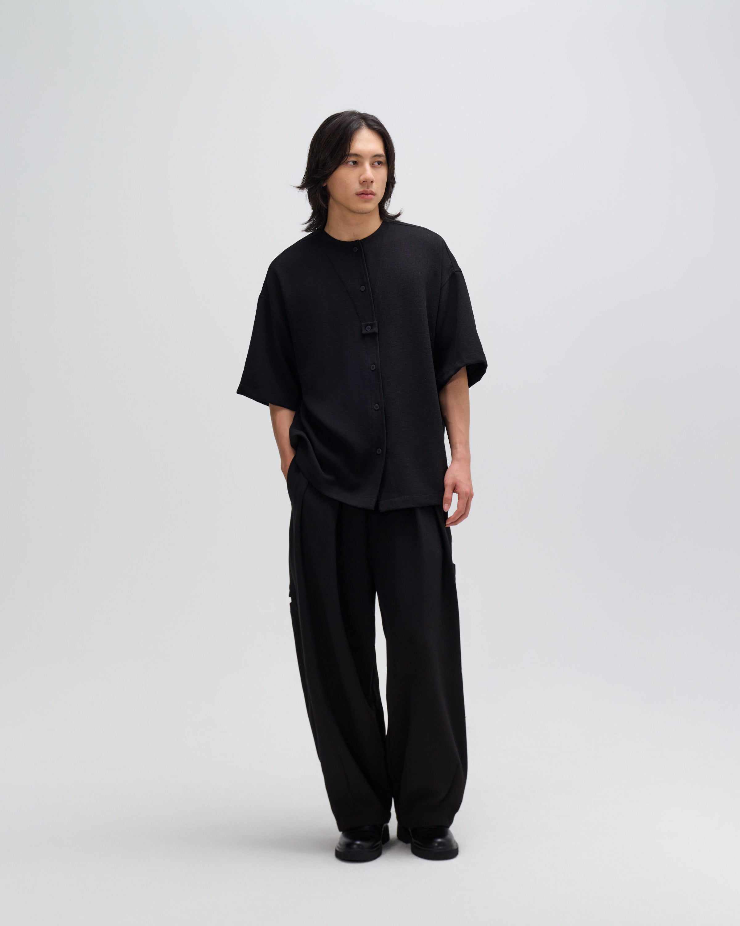 Gender Neutral Oversized Drop Shoulder Boxy Shirt (Poly Waffle Black)