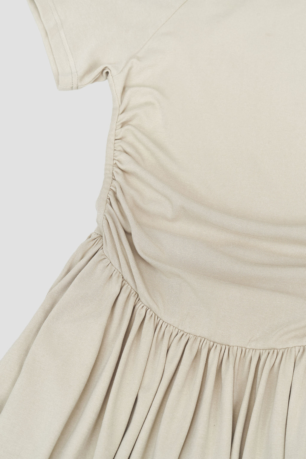 Classic - Knitted Curved Shoulder Gather Dress (Olive Beige)