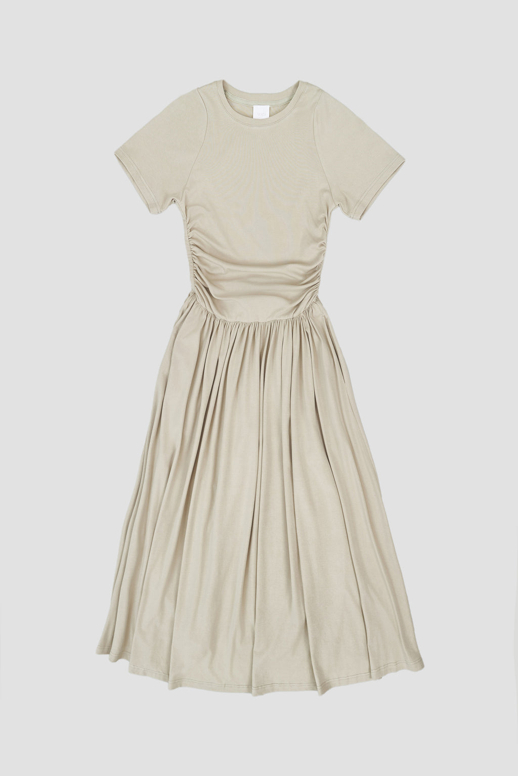 Classic - Knitted Curved Shoulder Gather Dress (Olive Beige)