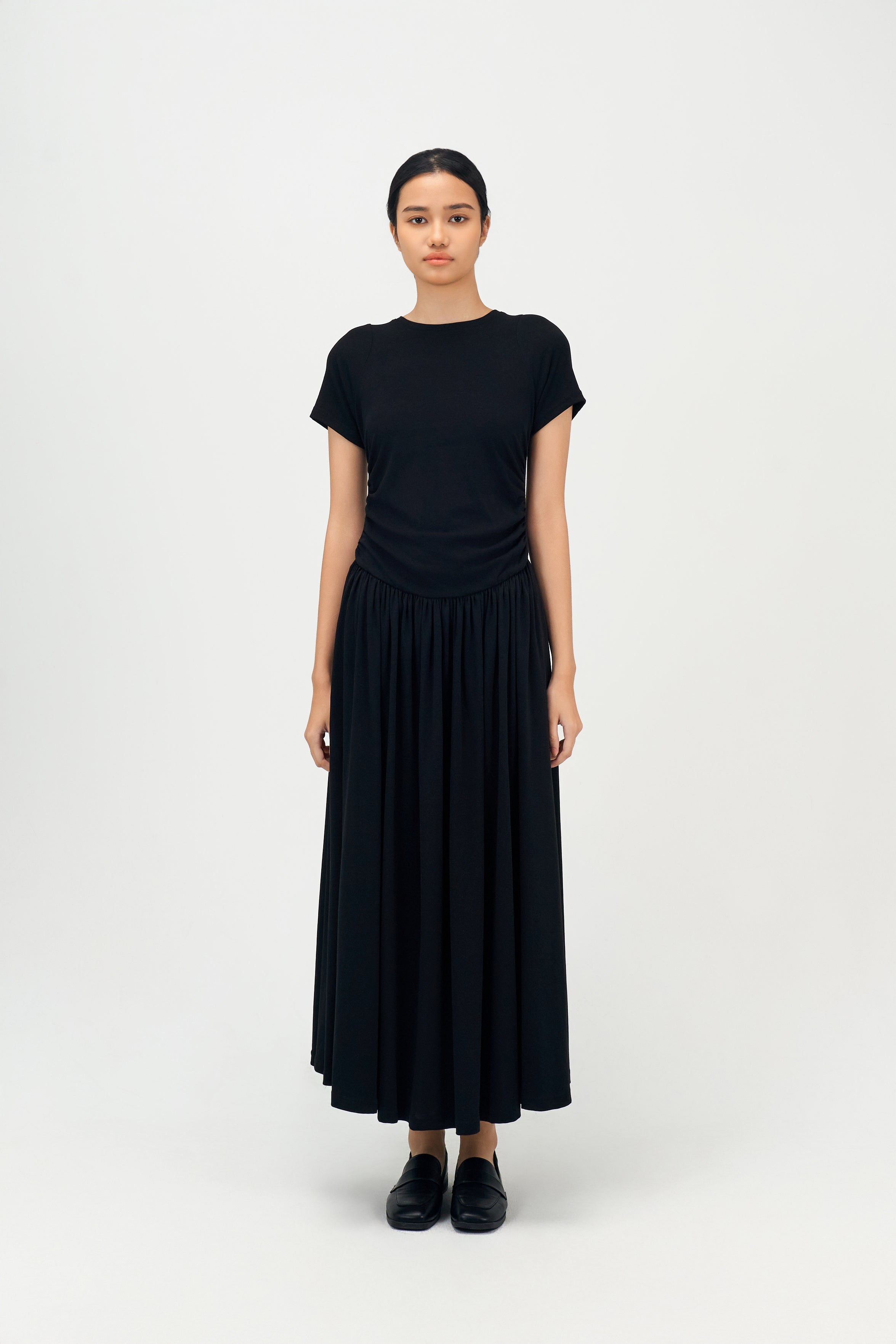 Classic - Knitted Curved Shoulder Gather Dress (Black)