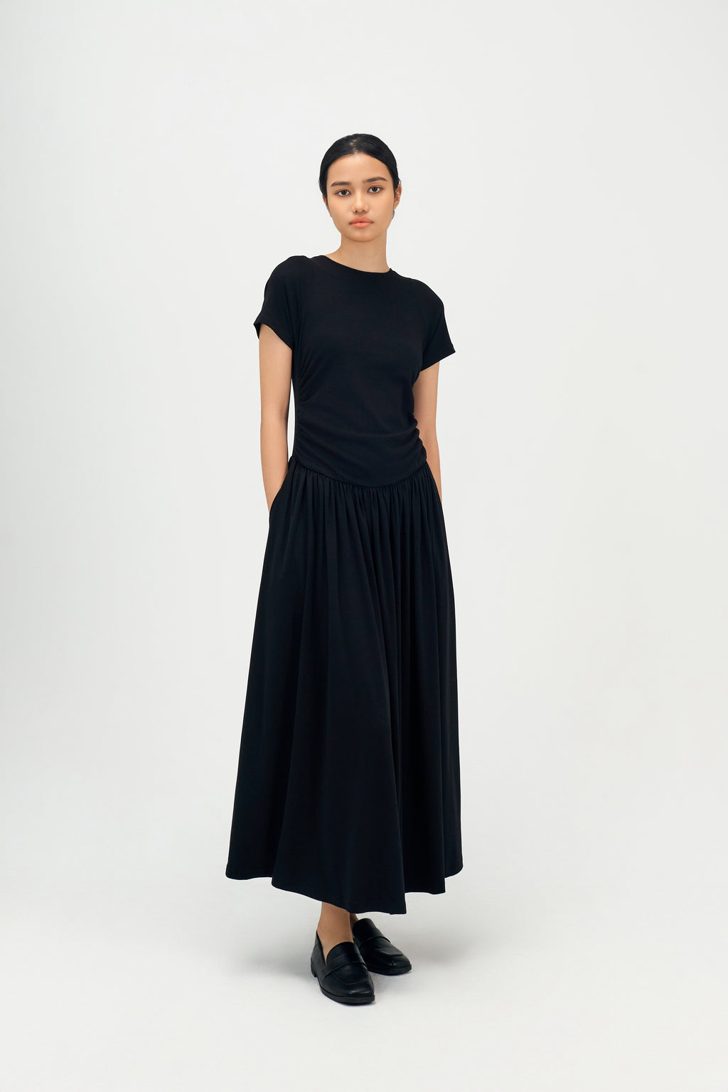 Classic - Knitted Curved Shoulder Gather Dress (Black)