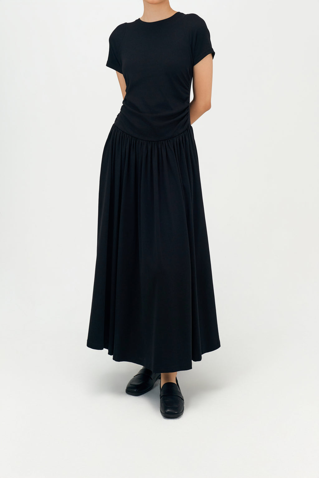 Classic - Knitted Curved Shoulder Gather Dress (Black)
