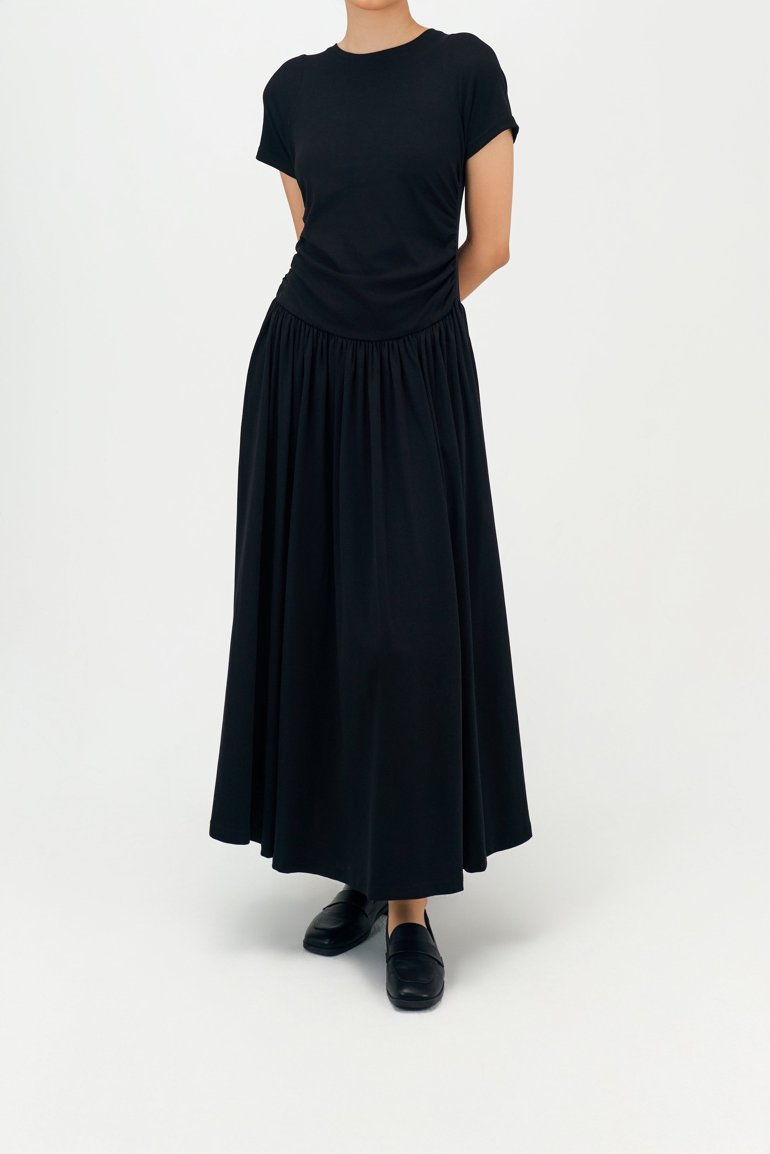 Classic - Knitted Curved Shoulder Gather Dress (Black)