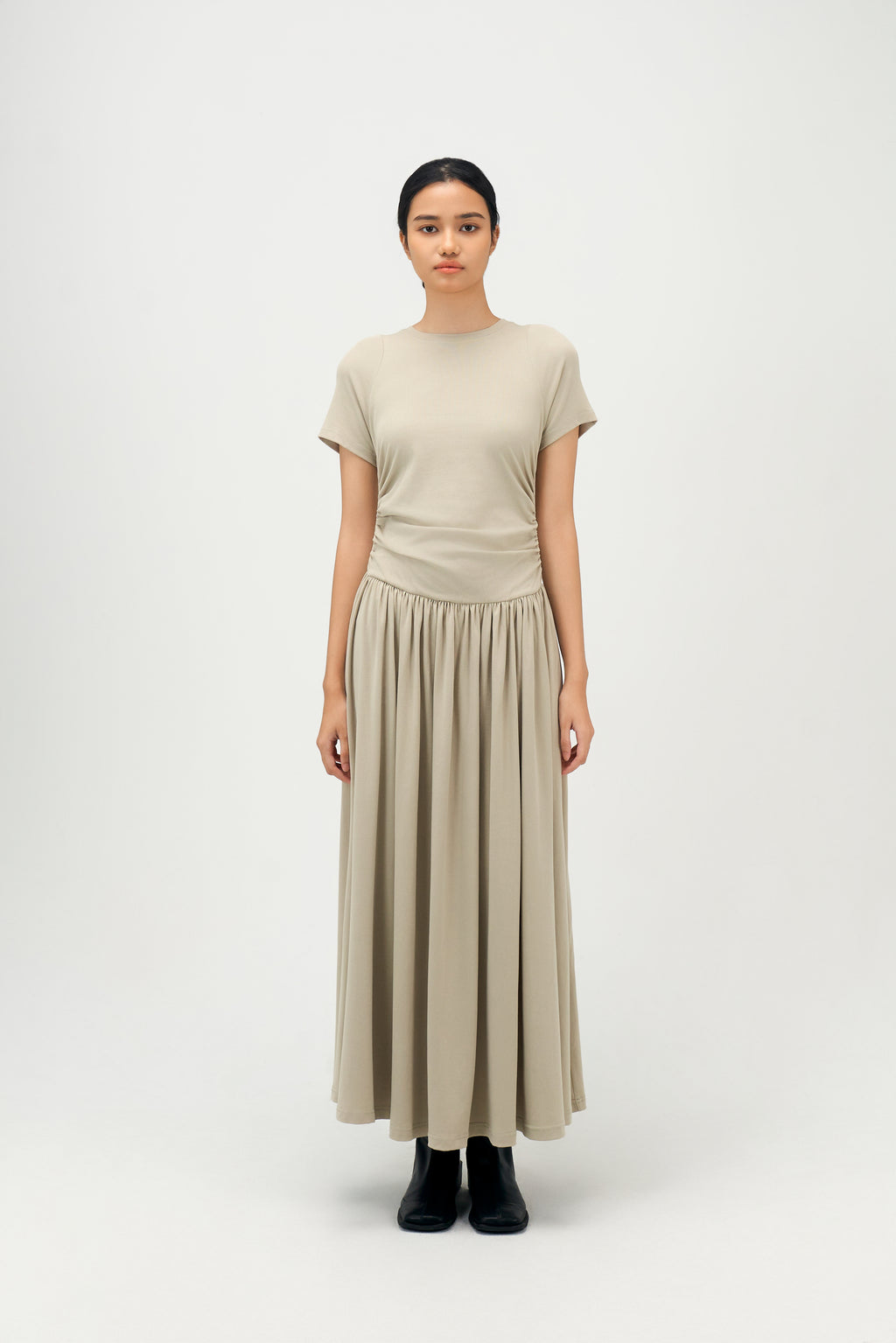 Classic - Knitted Curved Shoulder Gather Dress (Olive Beige)
