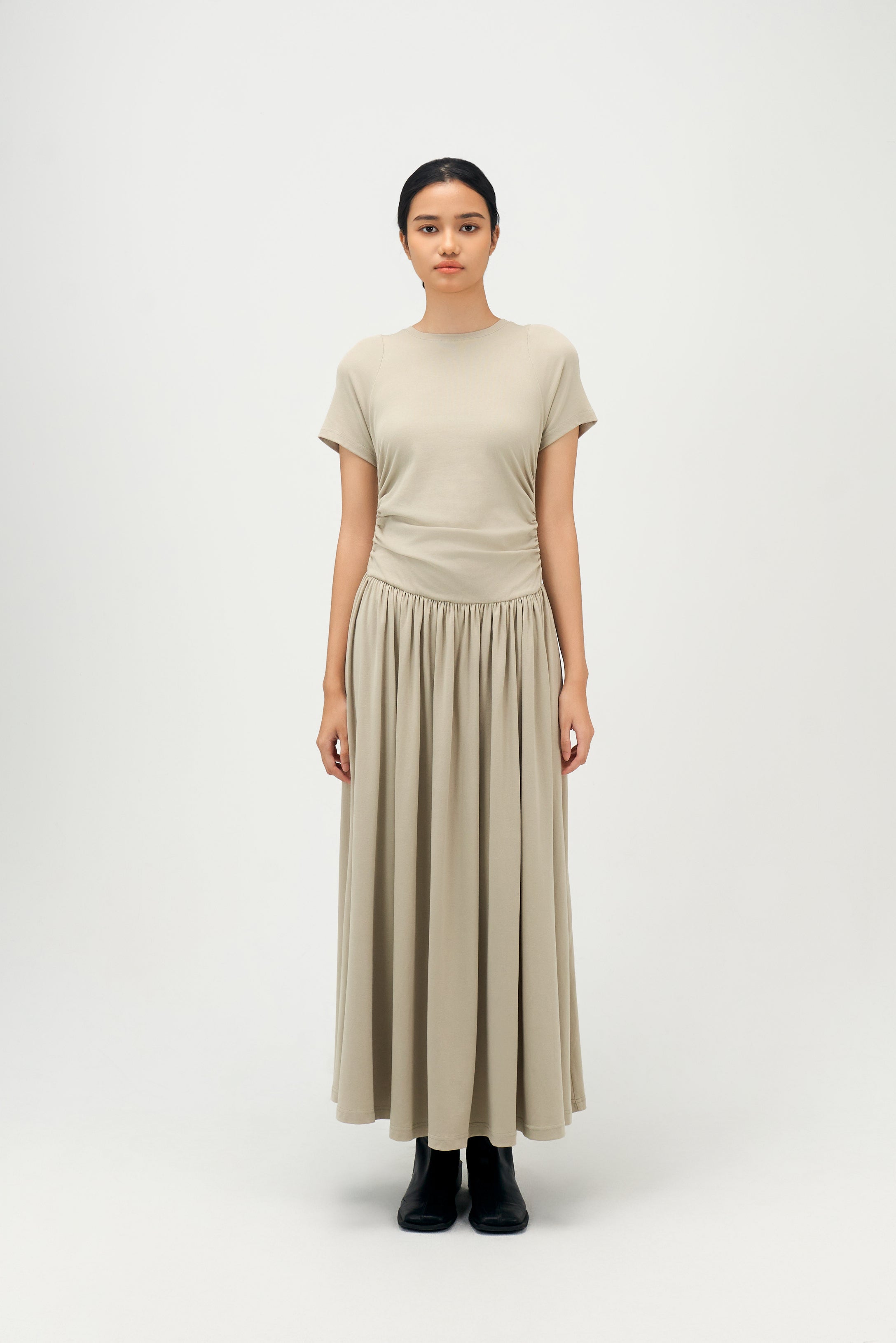 Classic - Knitted Curved Shoulder Gather Dress (Olive Beige)