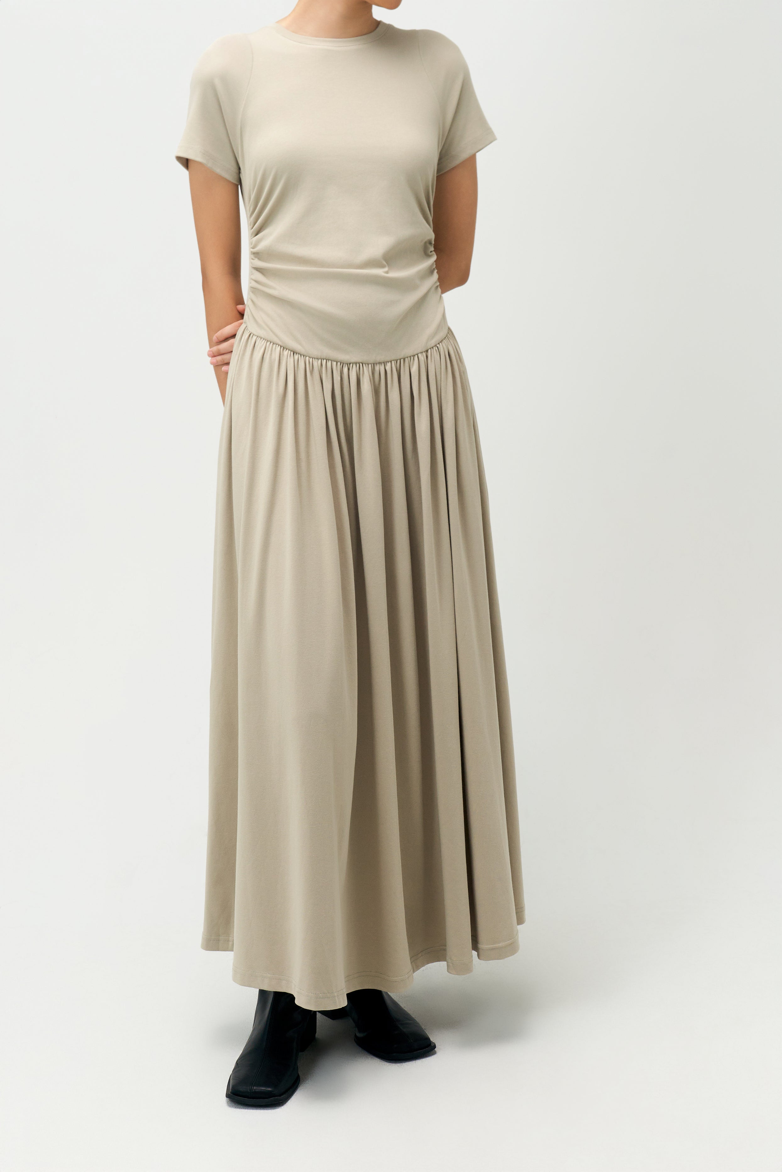 Classic - Knitted Curved Shoulder Gather Dress (Olive Beige)