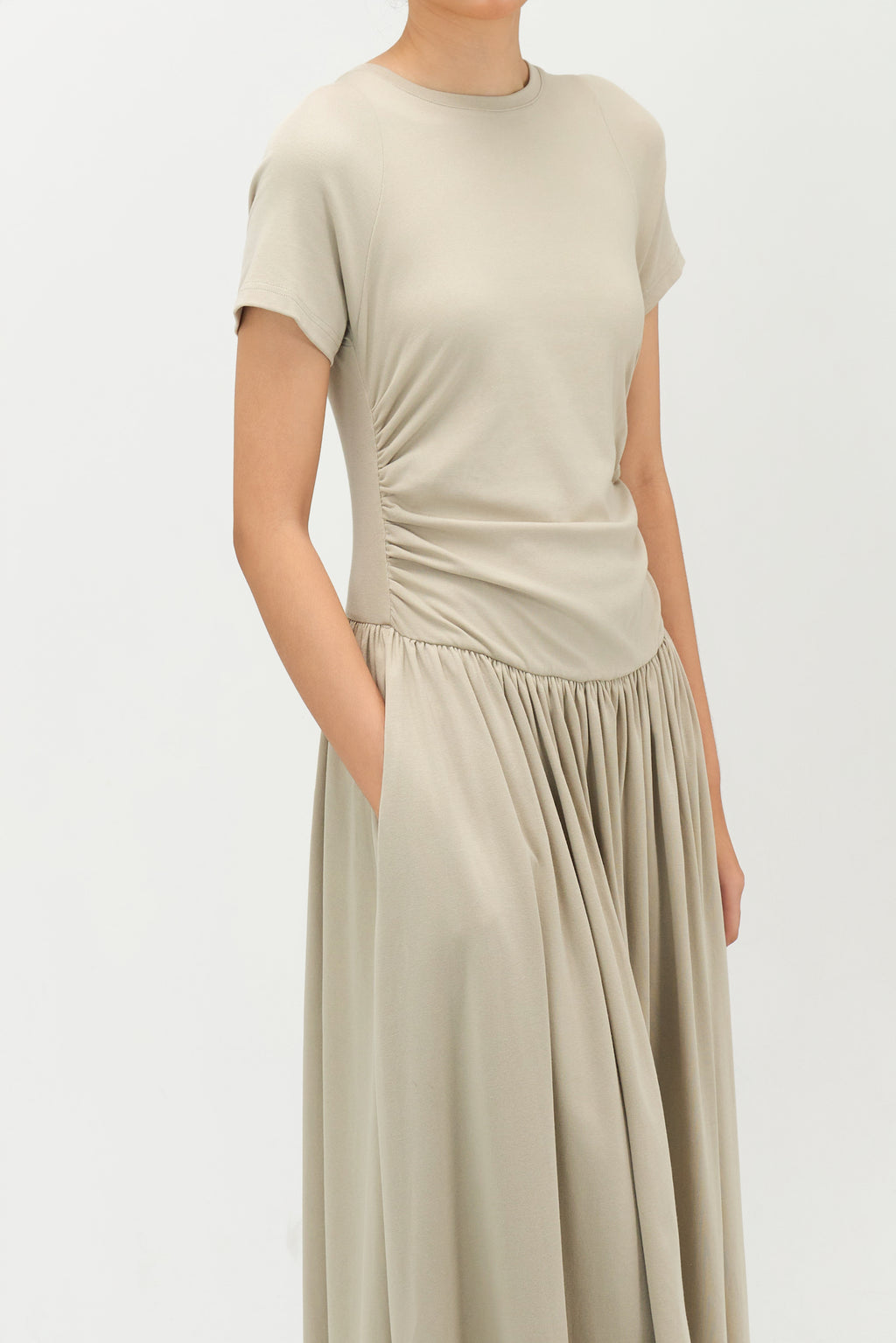 Classic - Knitted Curved Shoulder Gather Dress (Olive Beige)