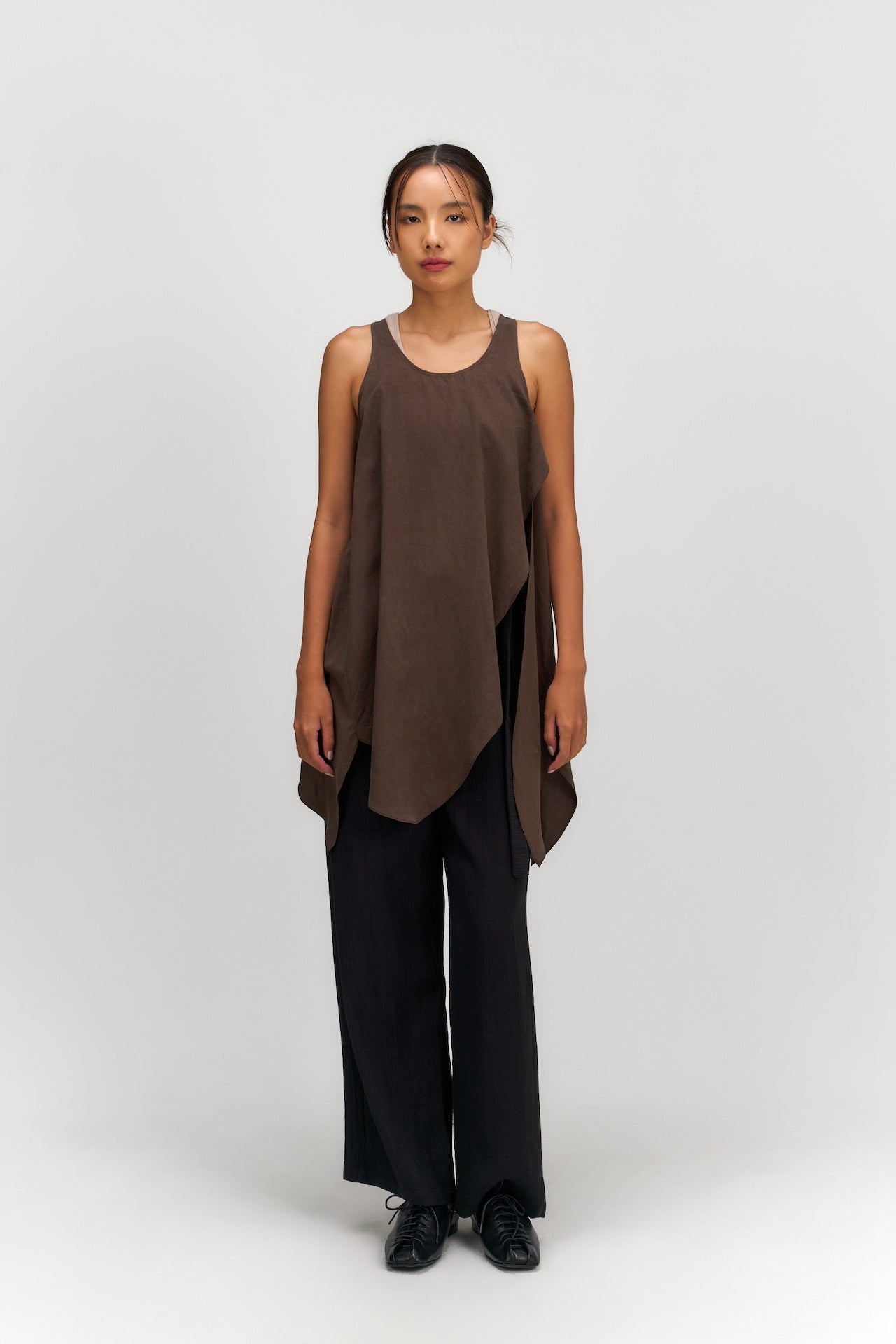 Asymmetrical Layering Long Tank Top (Brown)