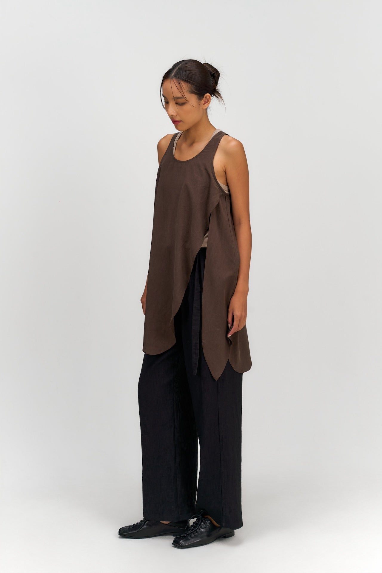Asymmetrical Layering Long Tank Top (Brown)
