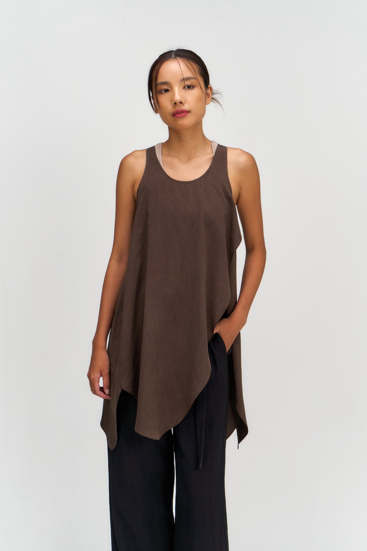 Asymmetrical Layering Long Tank Top (Brown)
